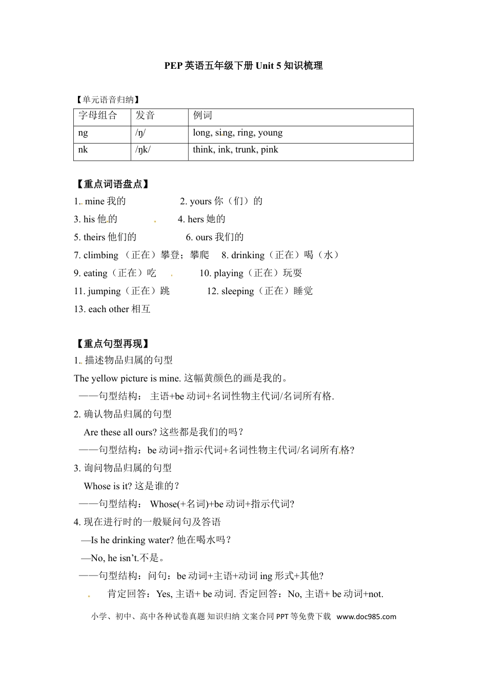 五年级下册英语单元知识梳理-Unit 5 Whose dog is it 人教PEP.doc