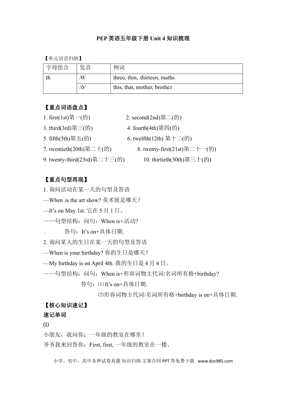 五年级下册英语单元知识梳理-Unit 4 When is the art show 人教PEP.doc