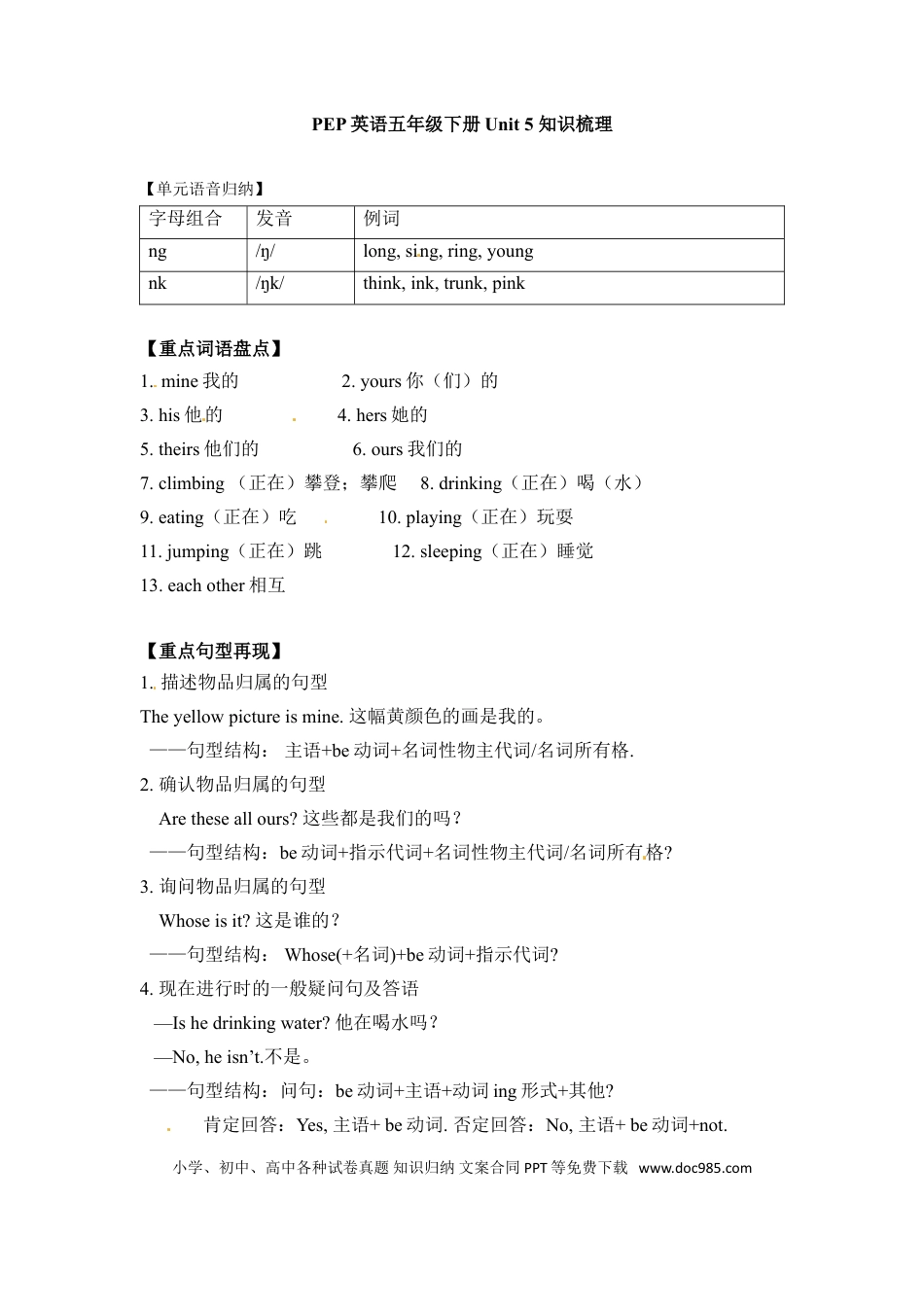 【完美】五年级下册英语单元知识梳理-Unit 5 Whose dog is it 人教PEP.doc