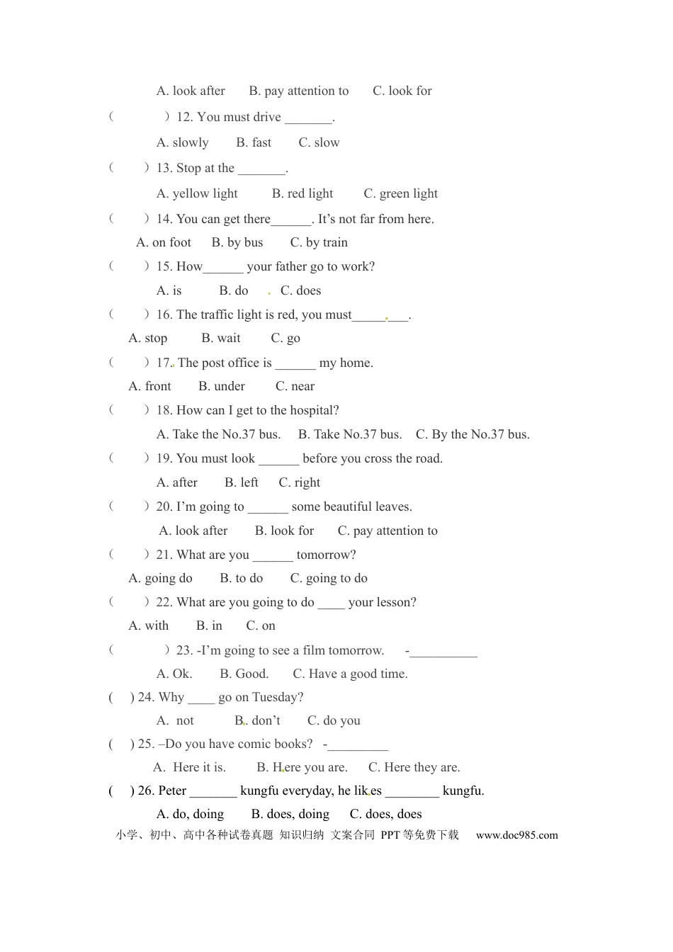 六年级上册英语期末专项卷-单选  人教PEP（word版，含答案）.docx