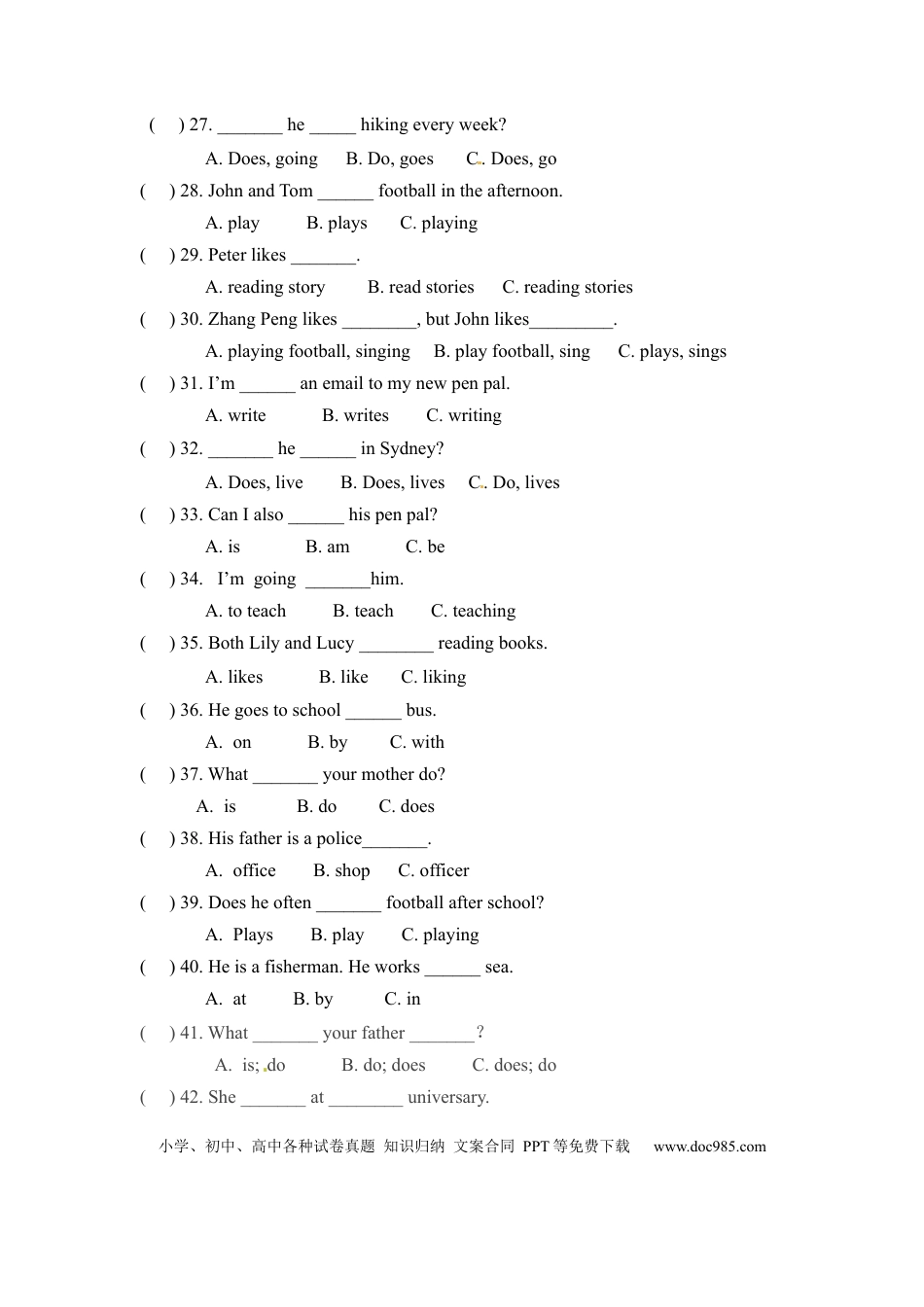 六年级上册英语期末专项卷-单选  人教PEP（word版，含答案）.docx