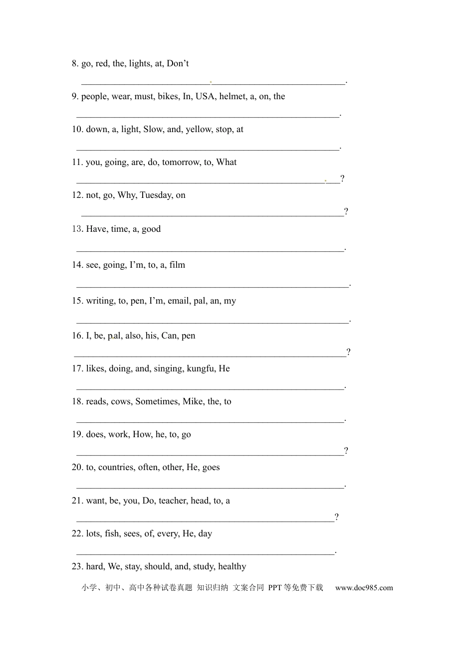 六年级上册英语期末专项卷-句子  人教PEP（word版，含答案）(1).docx