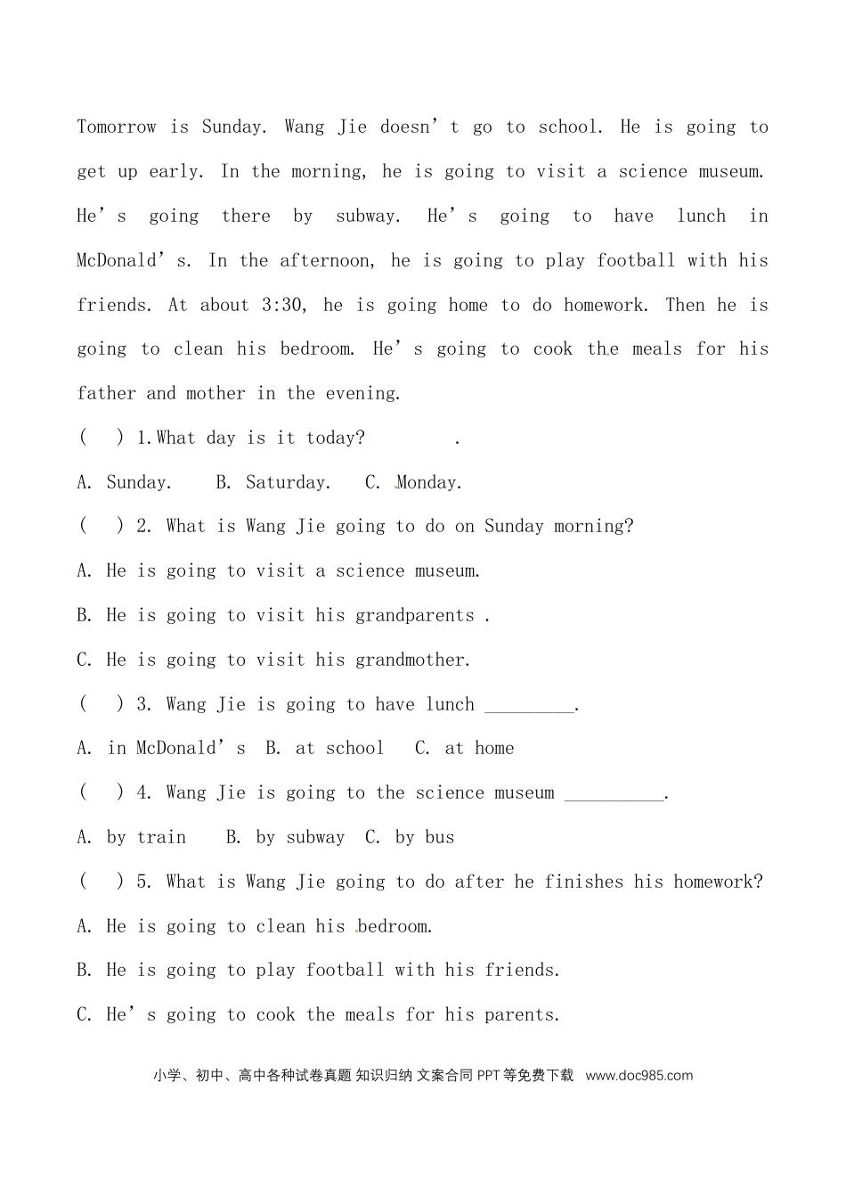 六年级上册英语期中专项训练-阅读 人教PEP（含答案）(1).doc