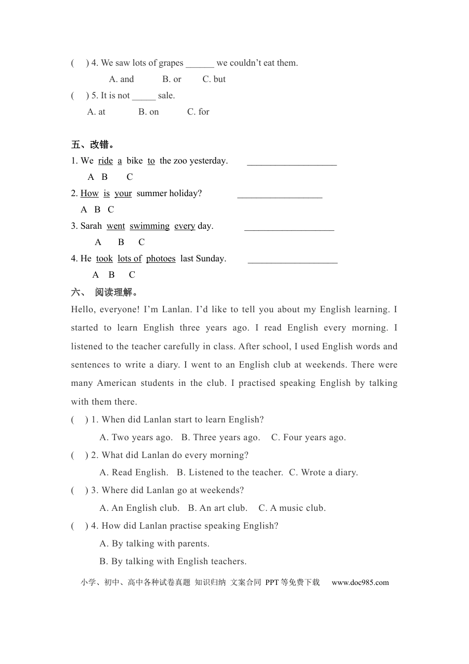 【精品】六年级下册英语一课一练-Unit 3 Where did you go 课时（4） 人教PEP（word版，含答案）.docx