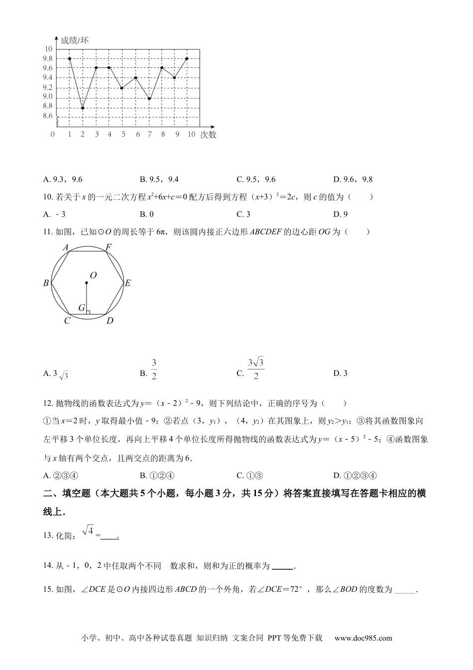 【中考历年真题】精品解析：2022年四川省雅安市中考数学真题（原卷版）.docx