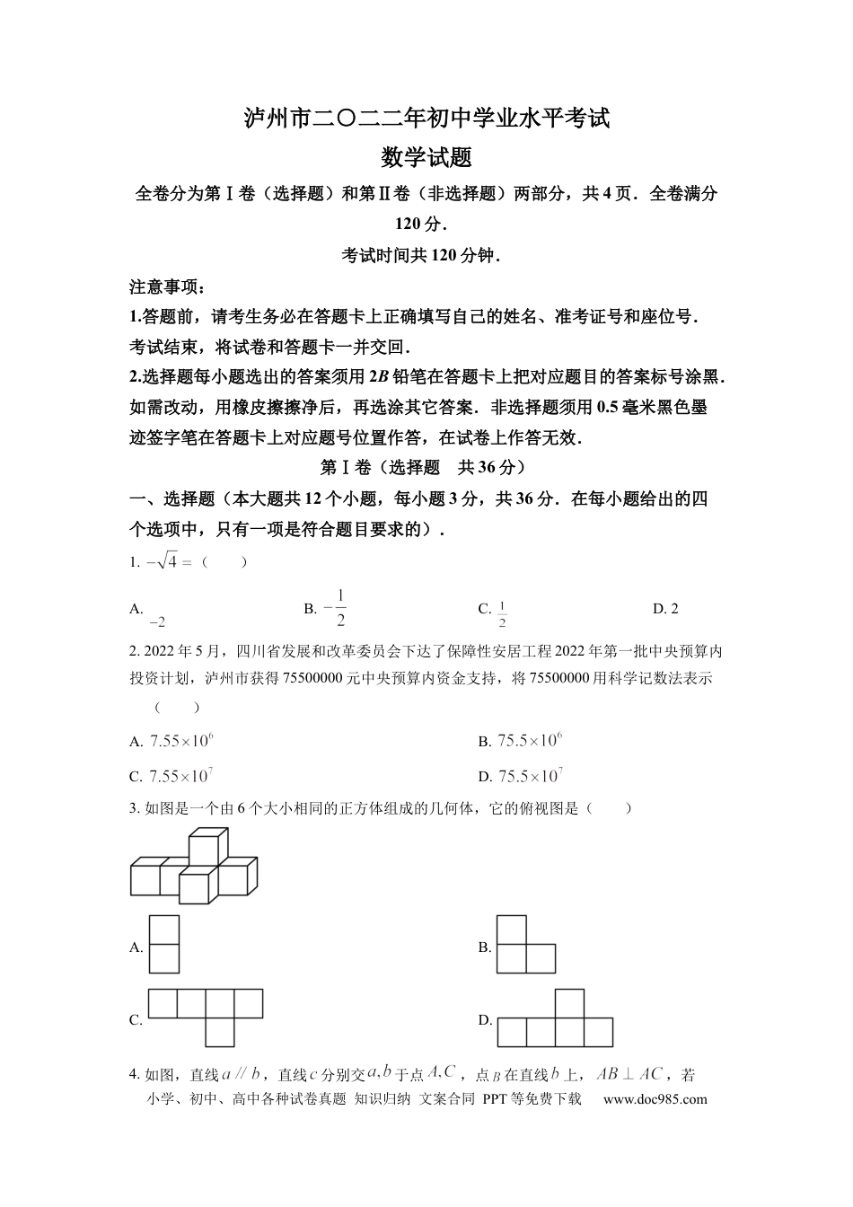 【中考历年真题】精品解析：2022年四川省泸州市中考数学真题（原卷版）.docx