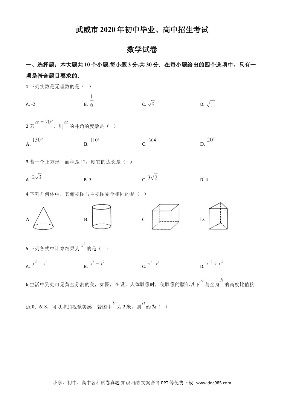 【中考历年真题】精品解析：甘肃省武威市2020年中考数学试题（原卷版）.doc