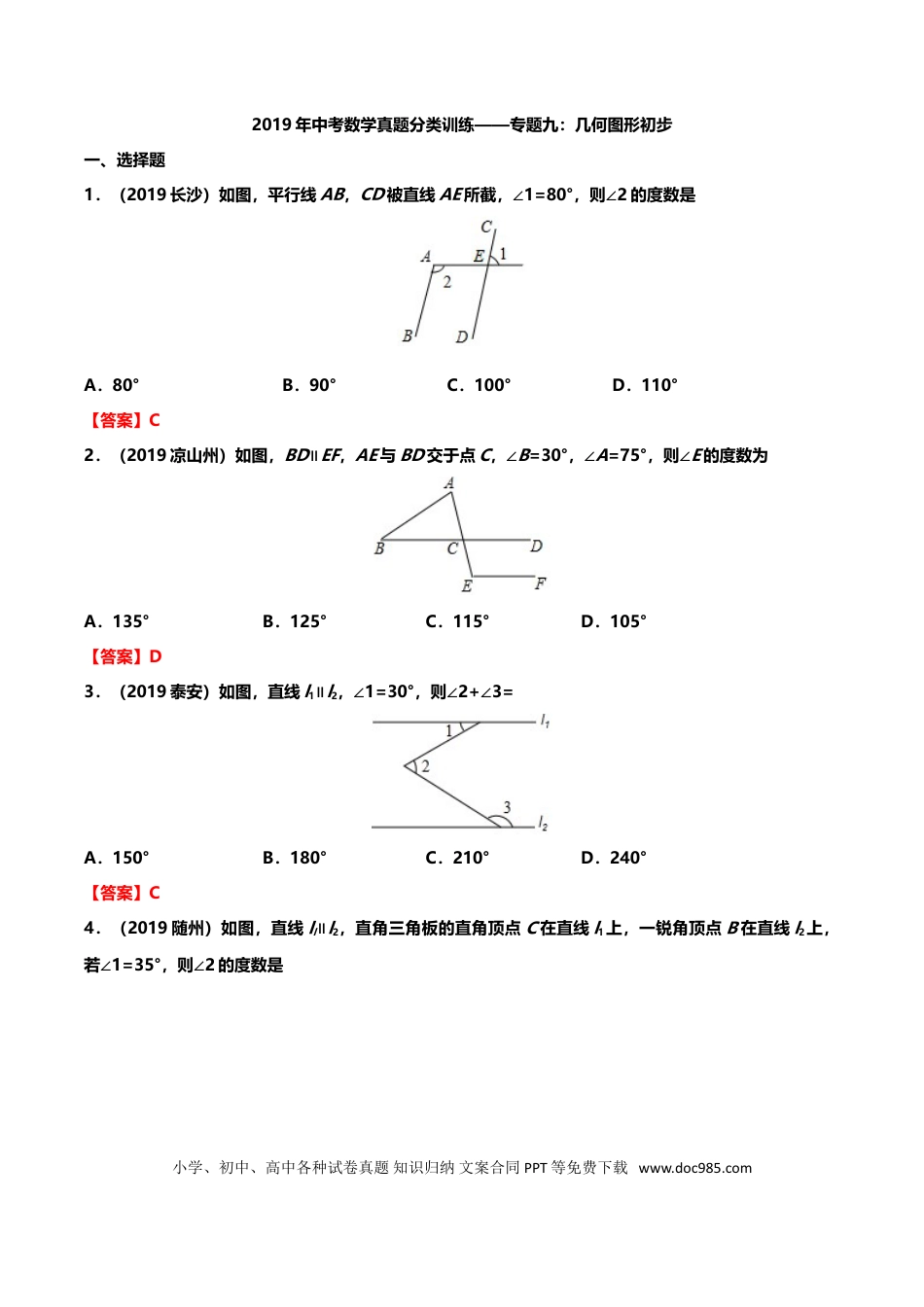【中考历年真题】2019年中考数学真题分类训练——专题九：几何图形初步.doc