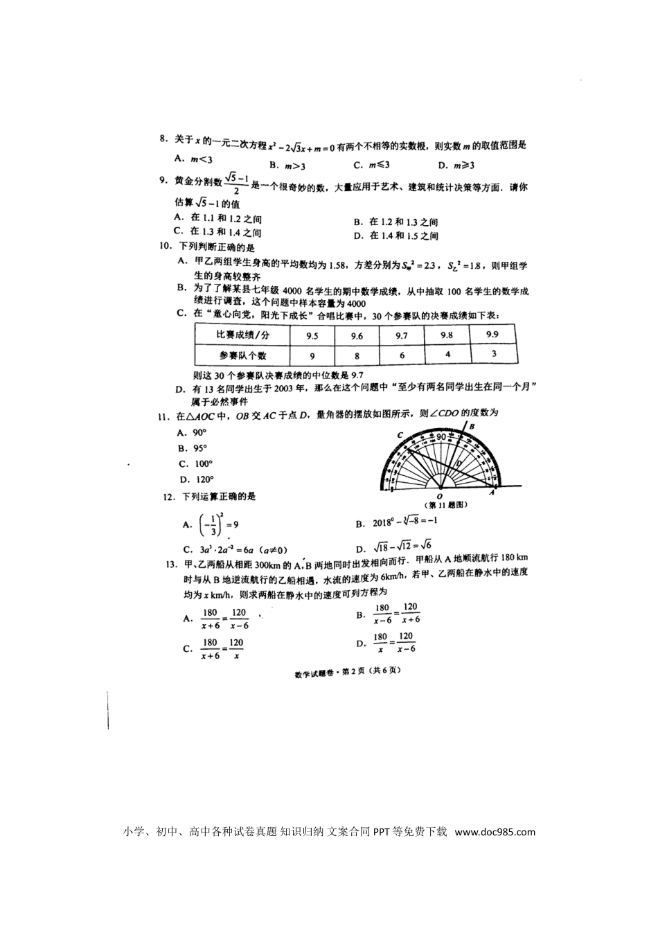 【中考历年真题】云南省昆明市2018年中考数学真题试题（扫描版，含答案）.doc