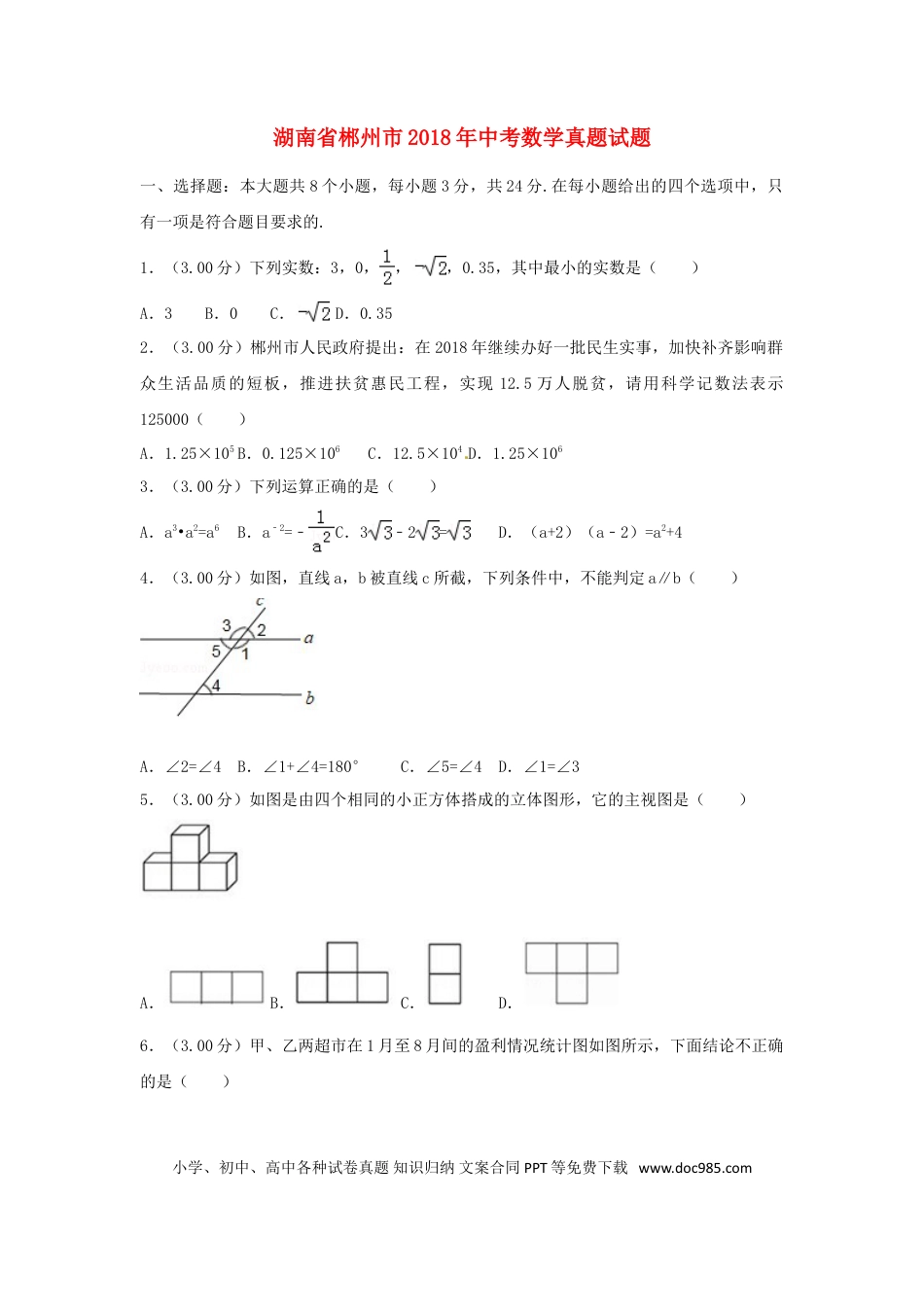 【中考历年真题】湖南省郴州市2018年中考数学真题试题（含解析）.doc
