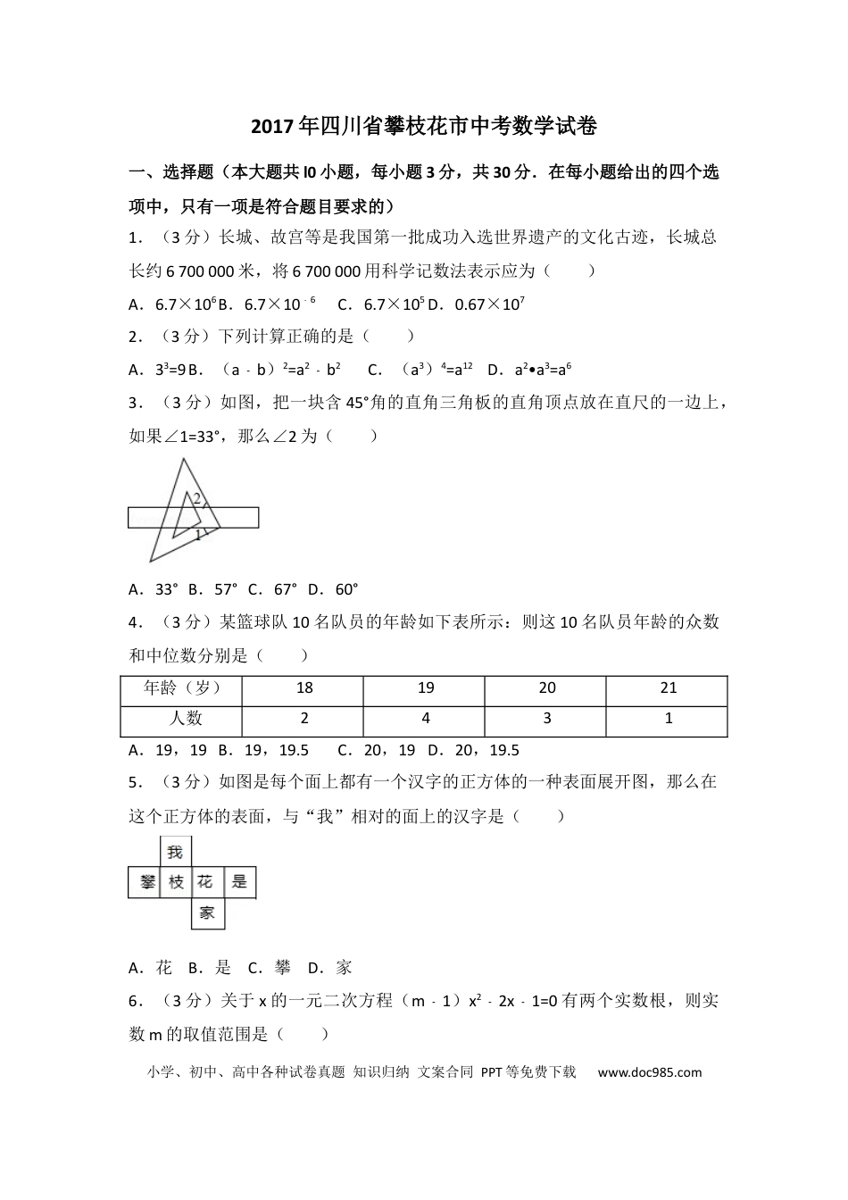 【中考历年真题】2017年四川省攀枝花市中考数学试卷（含解析版）.docx