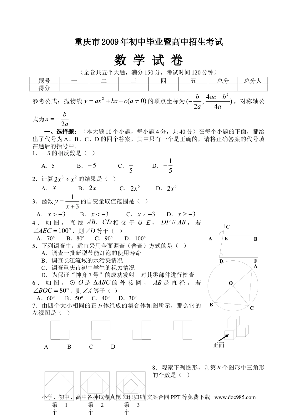 【中考历年真题】2009年重庆市中考数学试卷及答案.doc