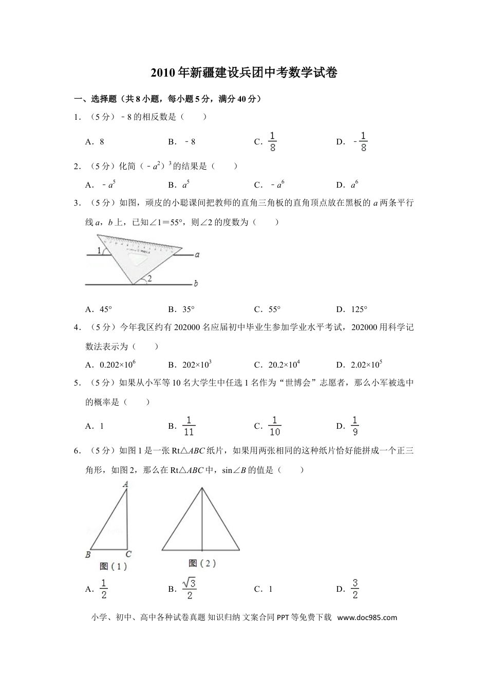 【中考历年真题】2010年新疆建设兵团中考数学试卷.doc