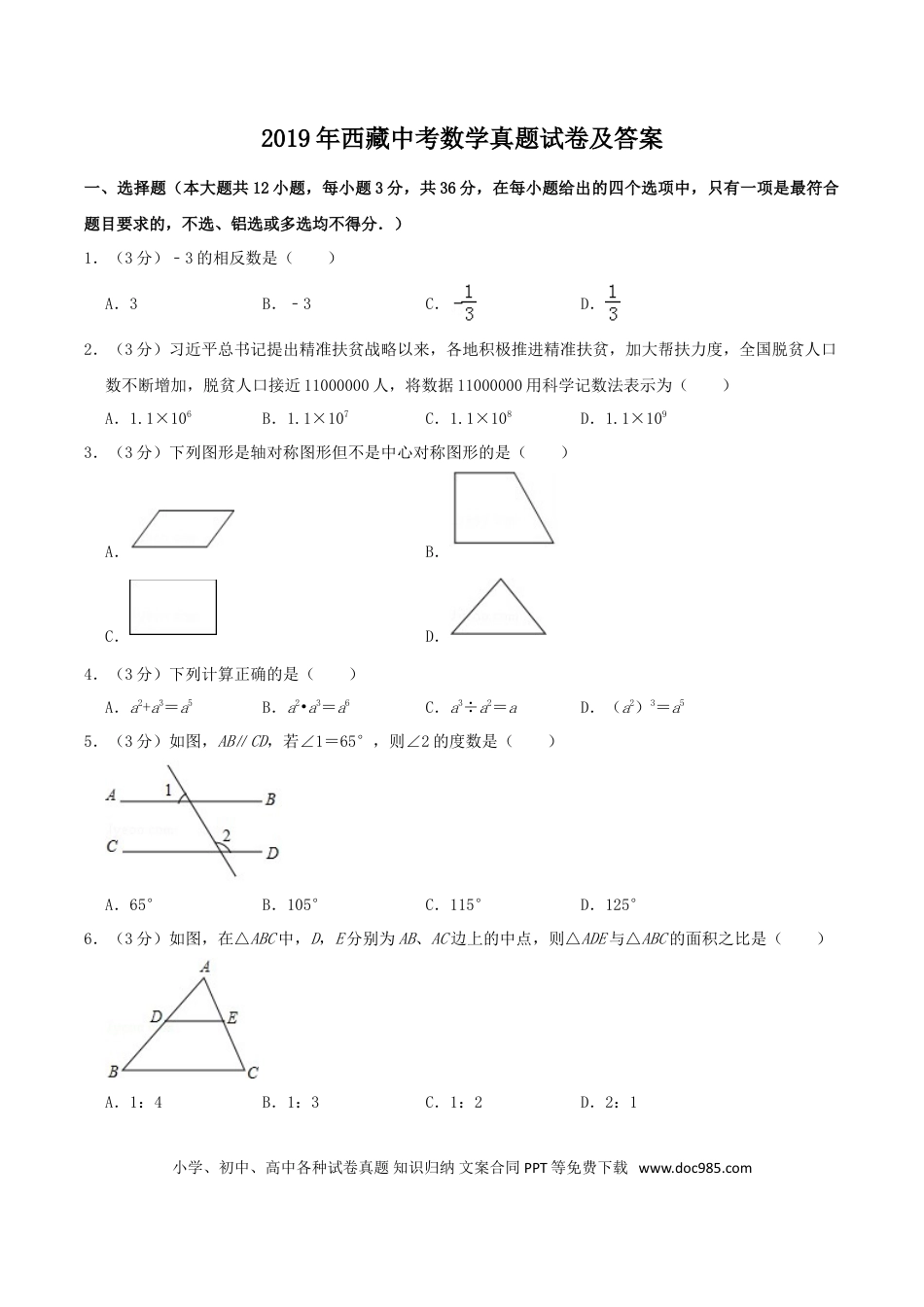 【中考历年真题】2019年西藏中考数学真题及解析.doc