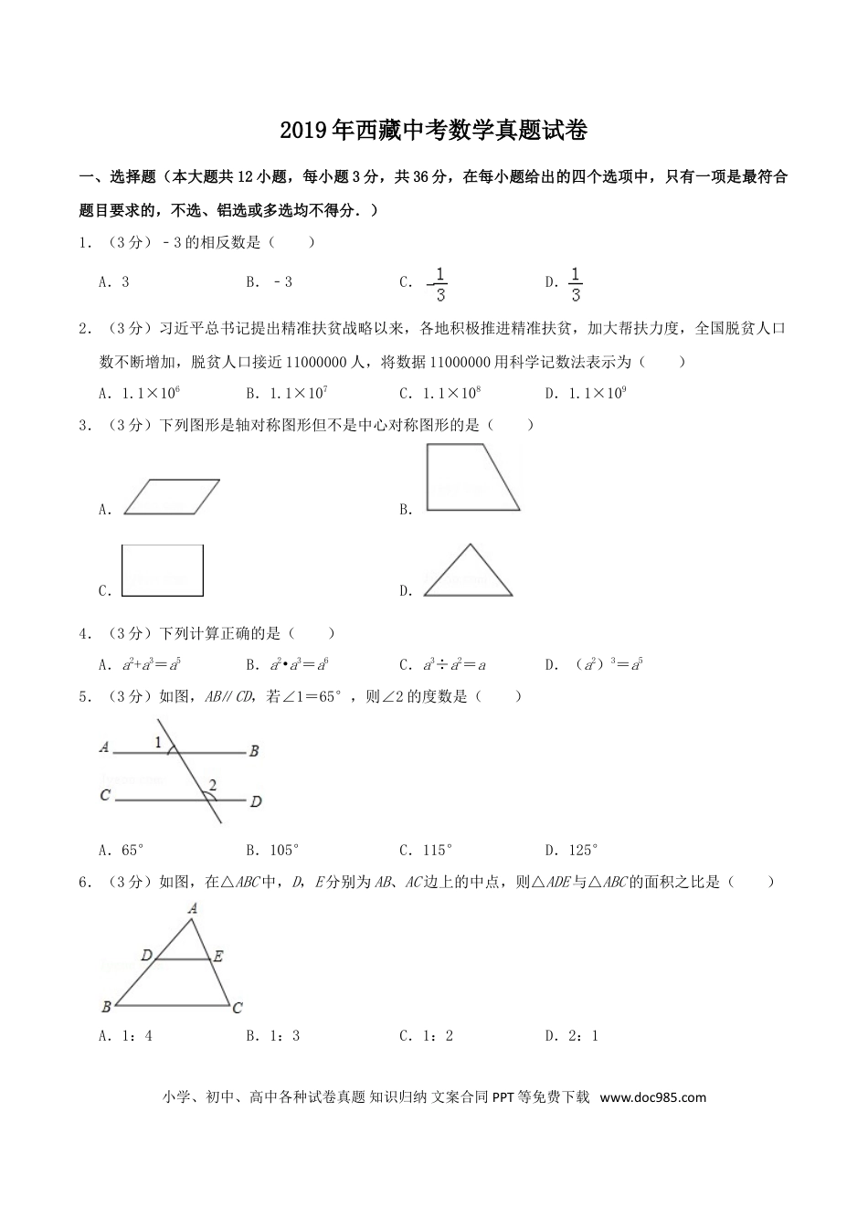 【中考历年真题】2019年西藏中考数学真题.doc