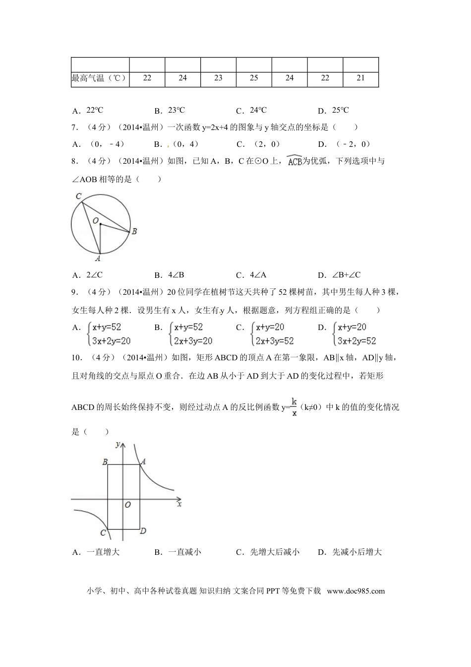 【中考历年真题】2014年浙江省温州市中考数学试卷（含解析版）.doc
