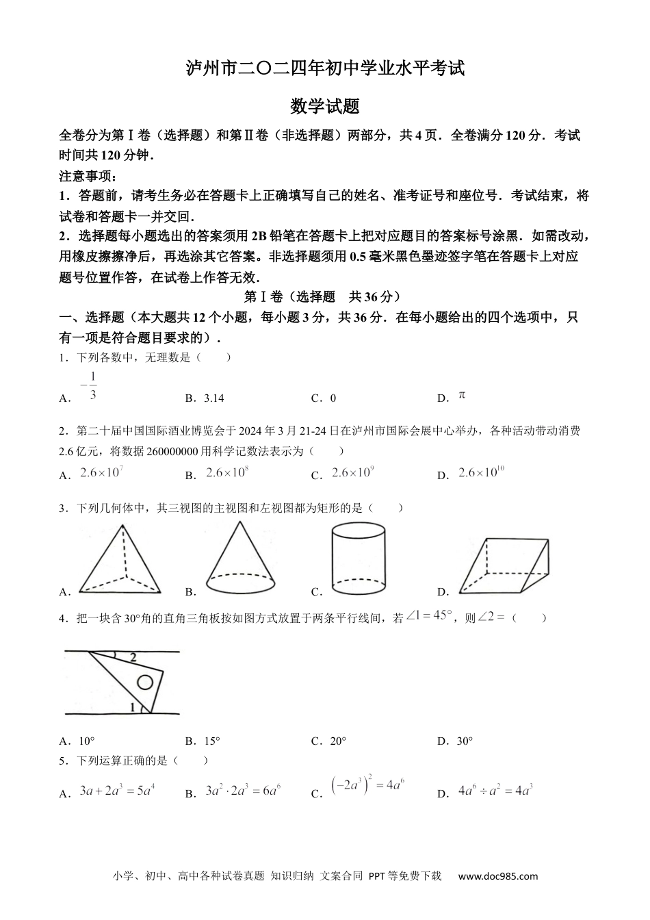 【中考历年真题】2024年四川省泸州市中考数学试题.docx