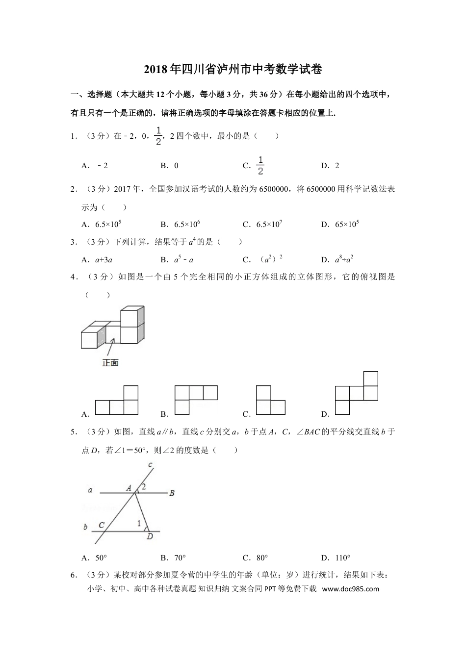 【中考历年真题】2018年四川省泸州市中考数学试卷.doc