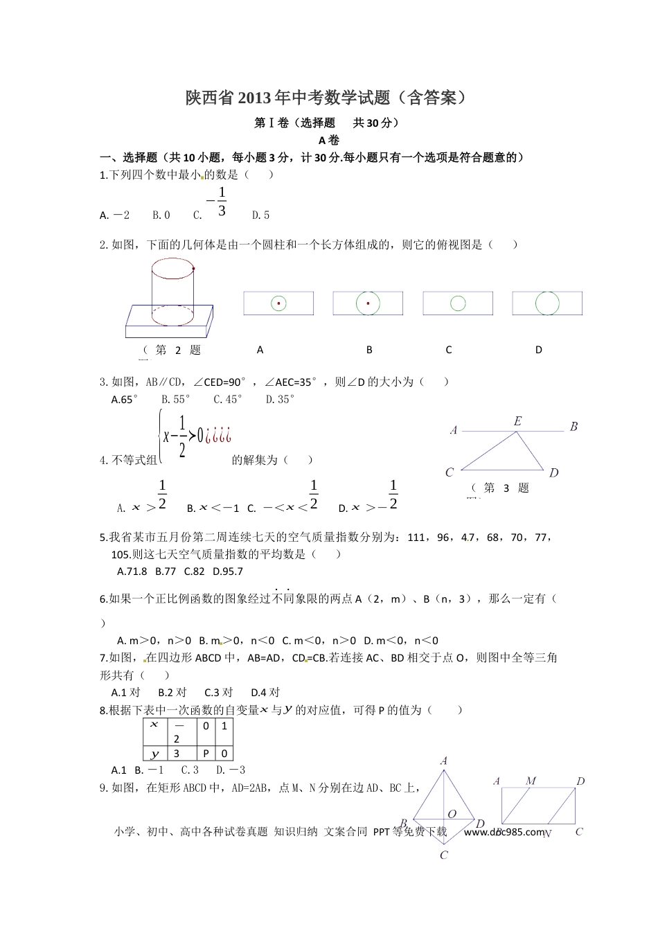【中考历年真题】2013年陕西省中考数学试题及答案.docx