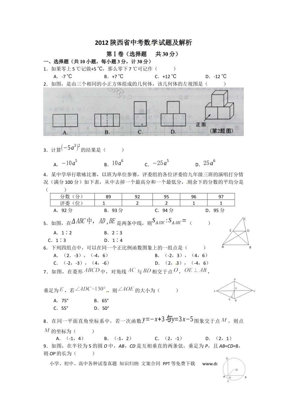 【中考历年真题】2012年陕西省中考数学试题及答案.docx
