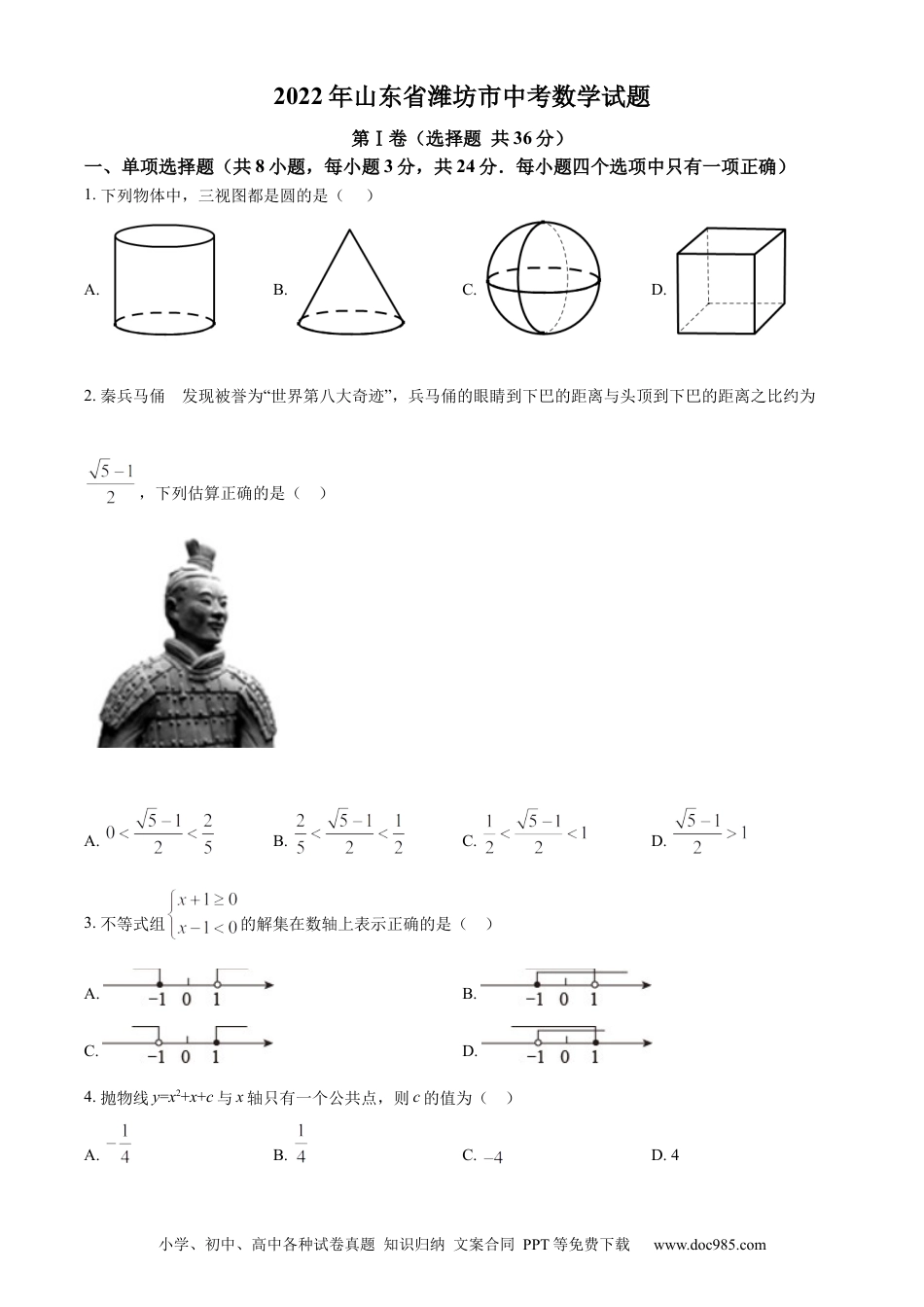 【中考历年真题】精品解析：2022年山东省潍坊市中考数学真题（原卷版） (1).docx