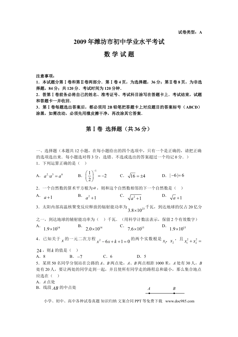 【中考历年真题】2009年山东省潍坊市中考数学试题及答案.doc