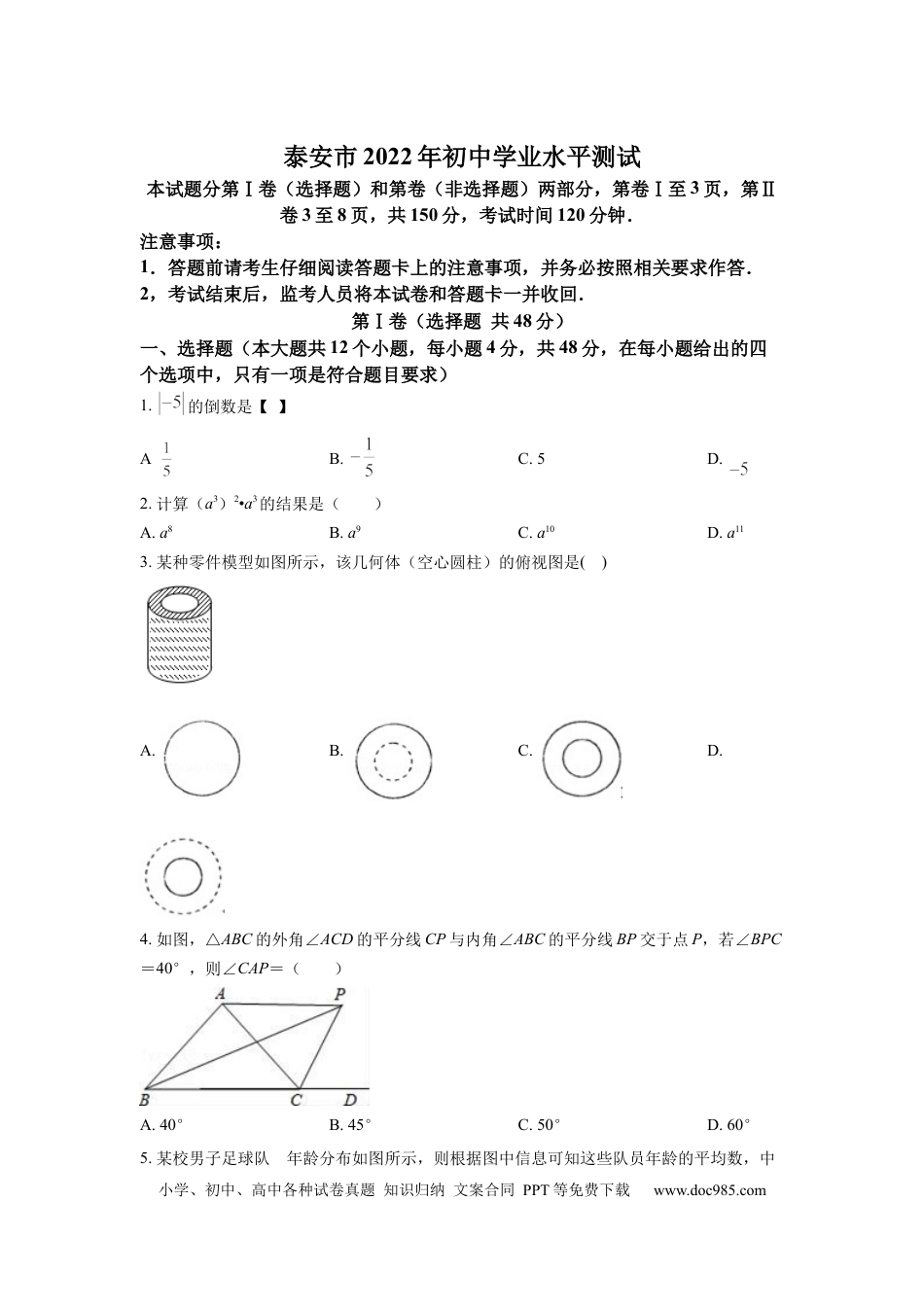 【中考历年真题】精品解析：2022年山东省泰安市中考数学真题（原卷版） (1).docx