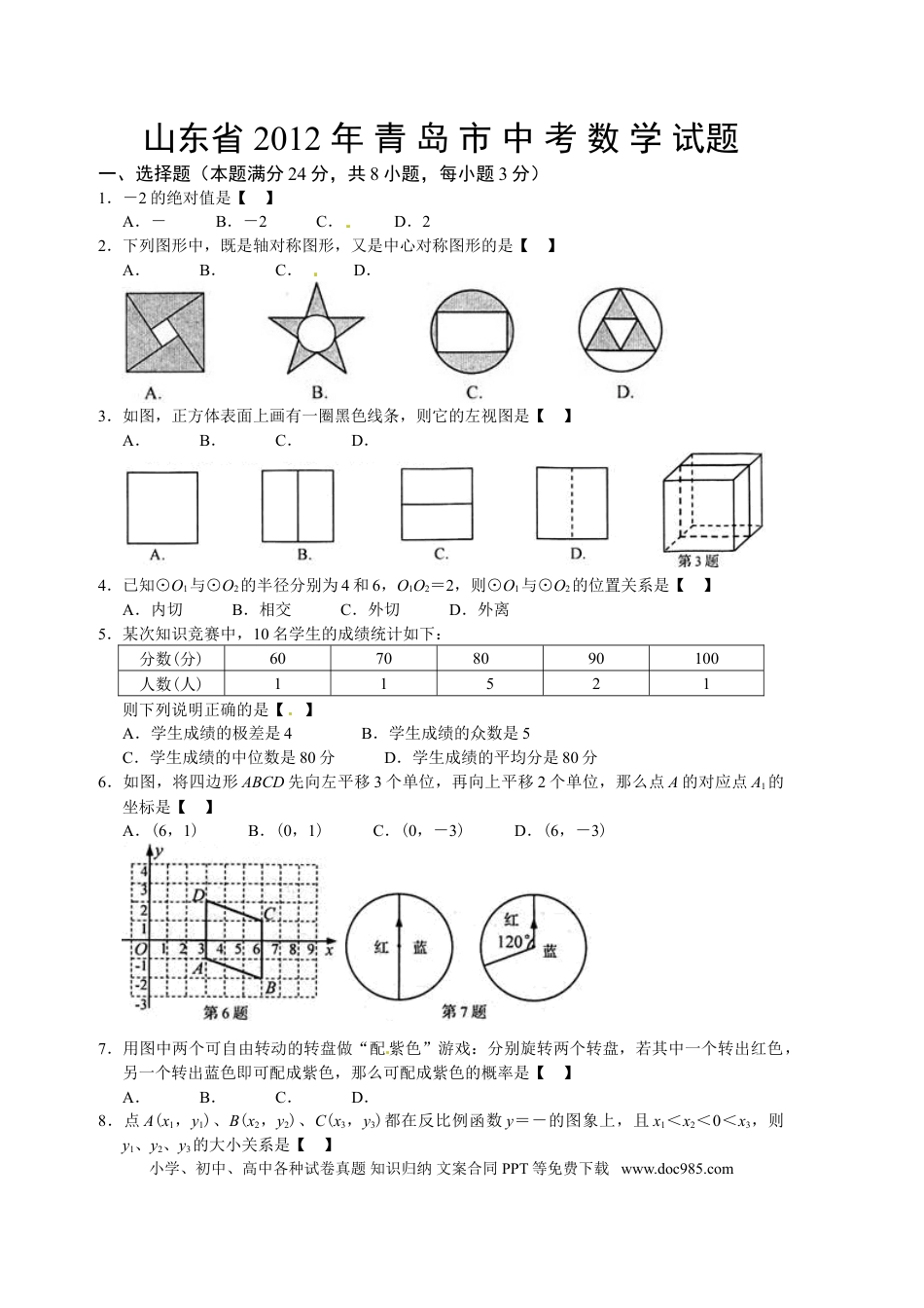 【中考历年真题】2012年青岛市中考数学试题及答案.doc