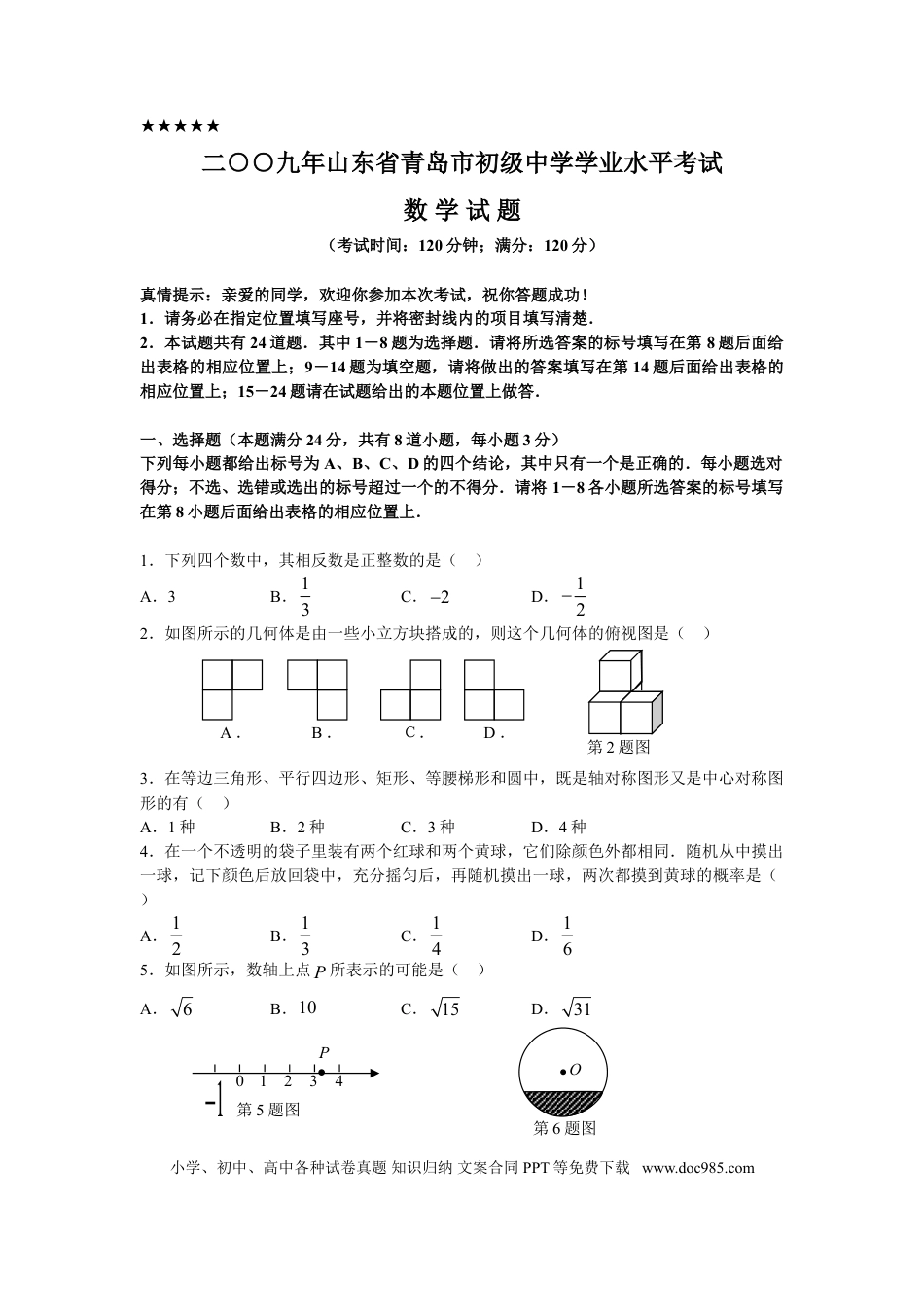 【中考历年真题】2009年青岛市中考数学试题及答案.doc