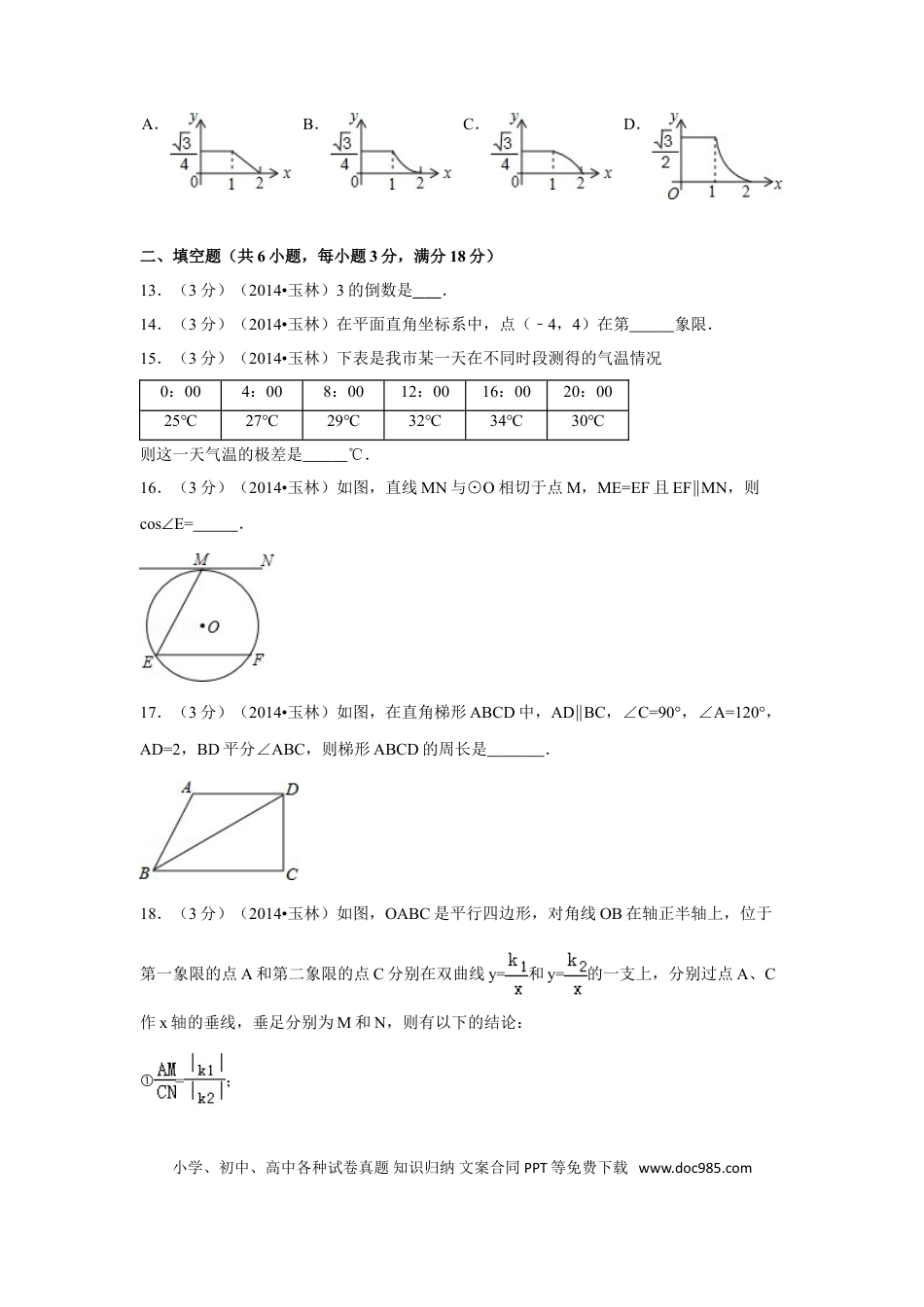 【中考历年真题】2014年广西省玉林市、防城港市中考数学试卷（含解析版）.doc