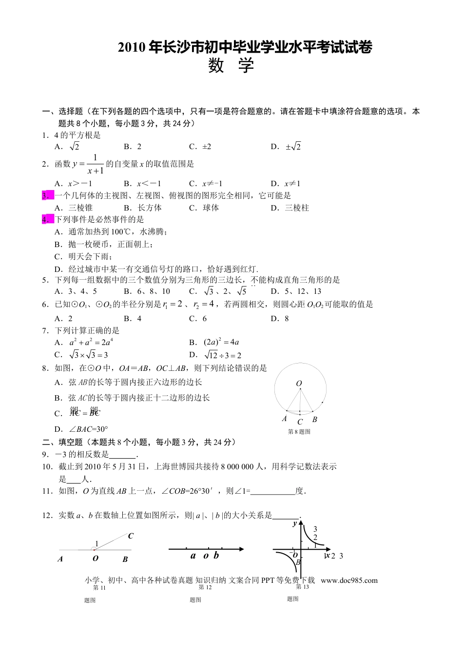【中考历年真题】湖南省长沙市2010年中考数学试题及答案.doc