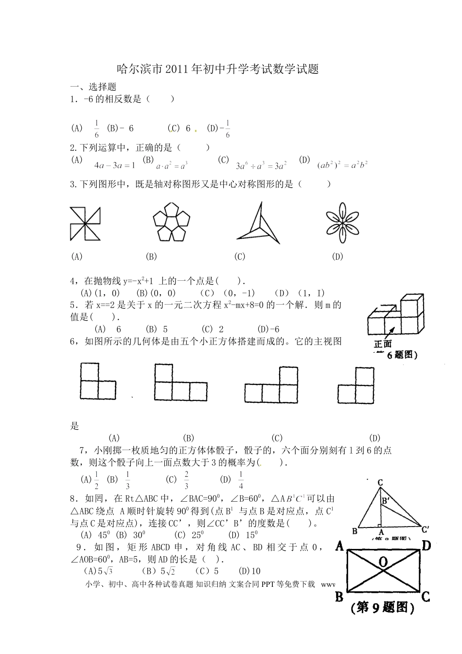 【中考历年真题】2011年哈尔滨市中考数学试题及答案.doc