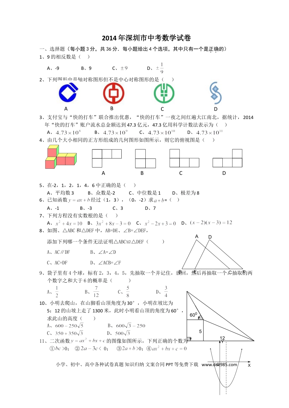 【中考历年真题】2014年深圳市中考数学试题及答案.doc