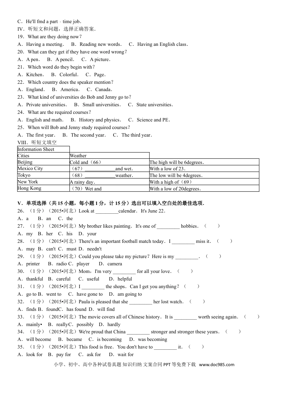 【中考历年真题】2015年河北省中考英语试题及答案.doc