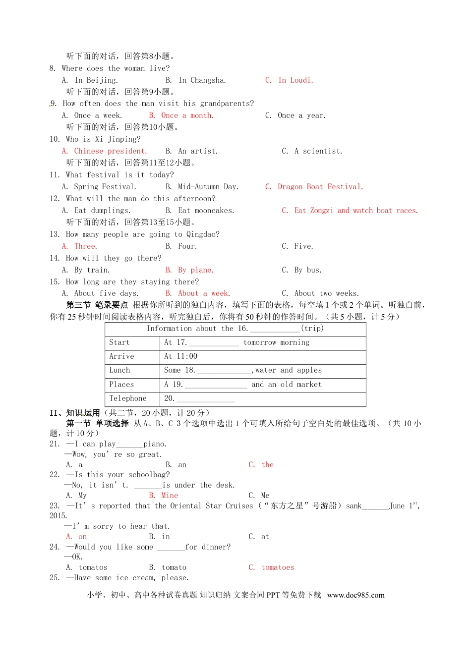 【中考历年真题】湖南省娄底市2015年中考英语真题试题（含答案）.doc