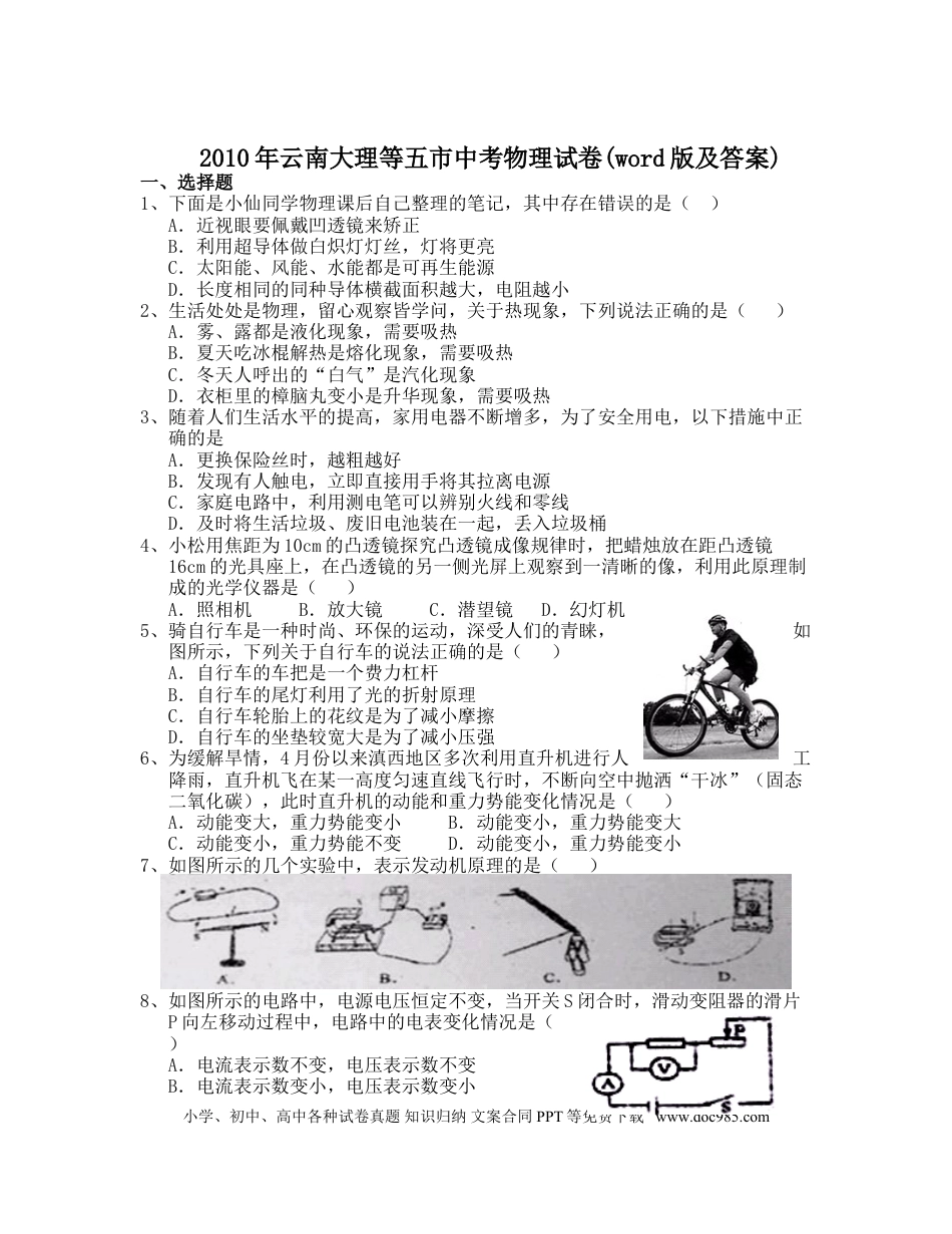 【中考历年真题】2010年云南省中考物理试题有答案(word版).doc