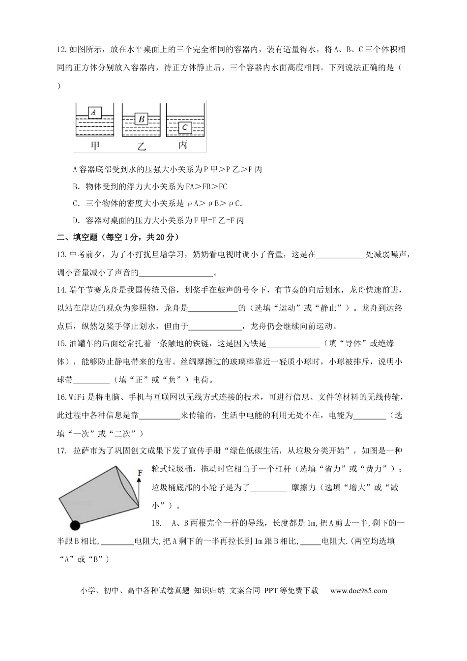 【中考历年真题】2019年西藏自治区中考物理真题及解析.docx