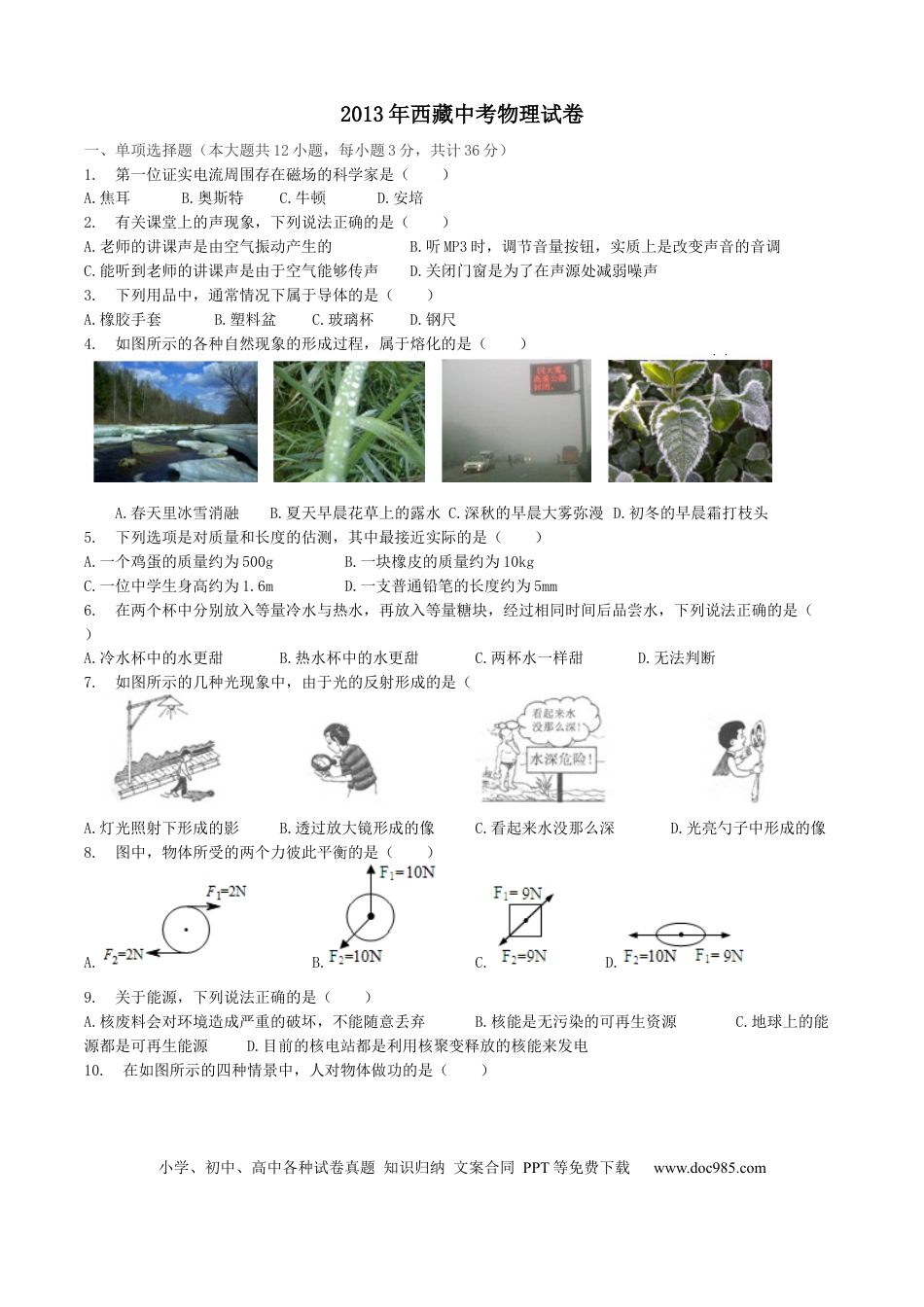 【中考历年真题】2013年西藏自治区中考物理真题.docx