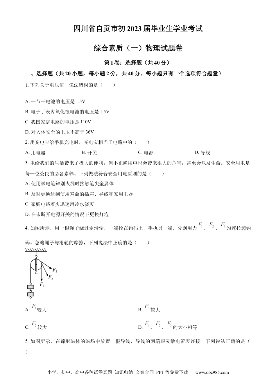 【中考历年真题】精品解析：2023年四川省自贡市中考物理试题（原卷版）.docx