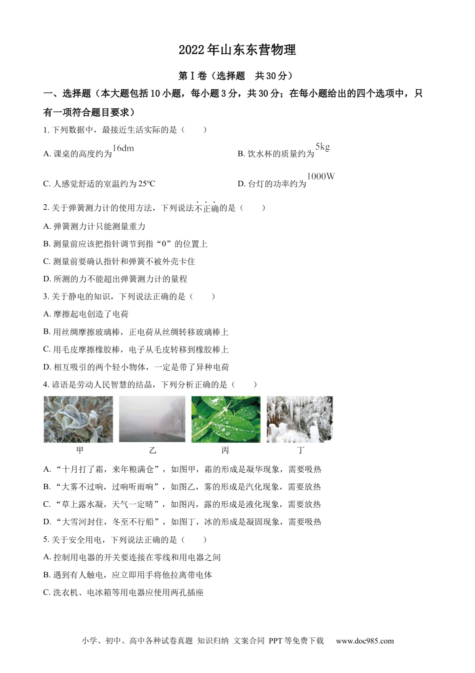 【中考历年真题】精品解析：2022年山东省东营市中考物理试题（原卷版）(1).docx