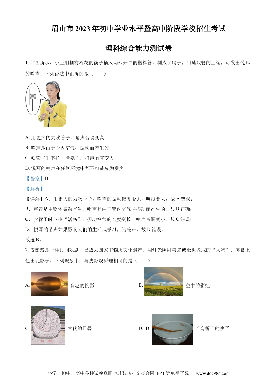 【中考历年真题】精品解析：2023年四川省眉山市中考理综物理试题（解析版）.docx