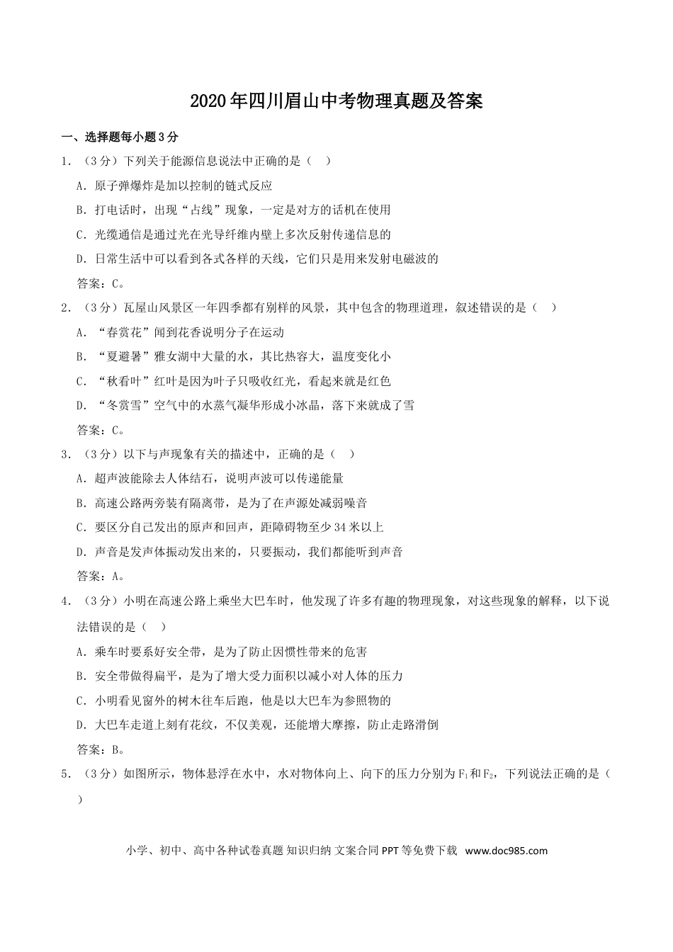 【中考历年真题】2020年四川眉山中考物理真题及答案.doc