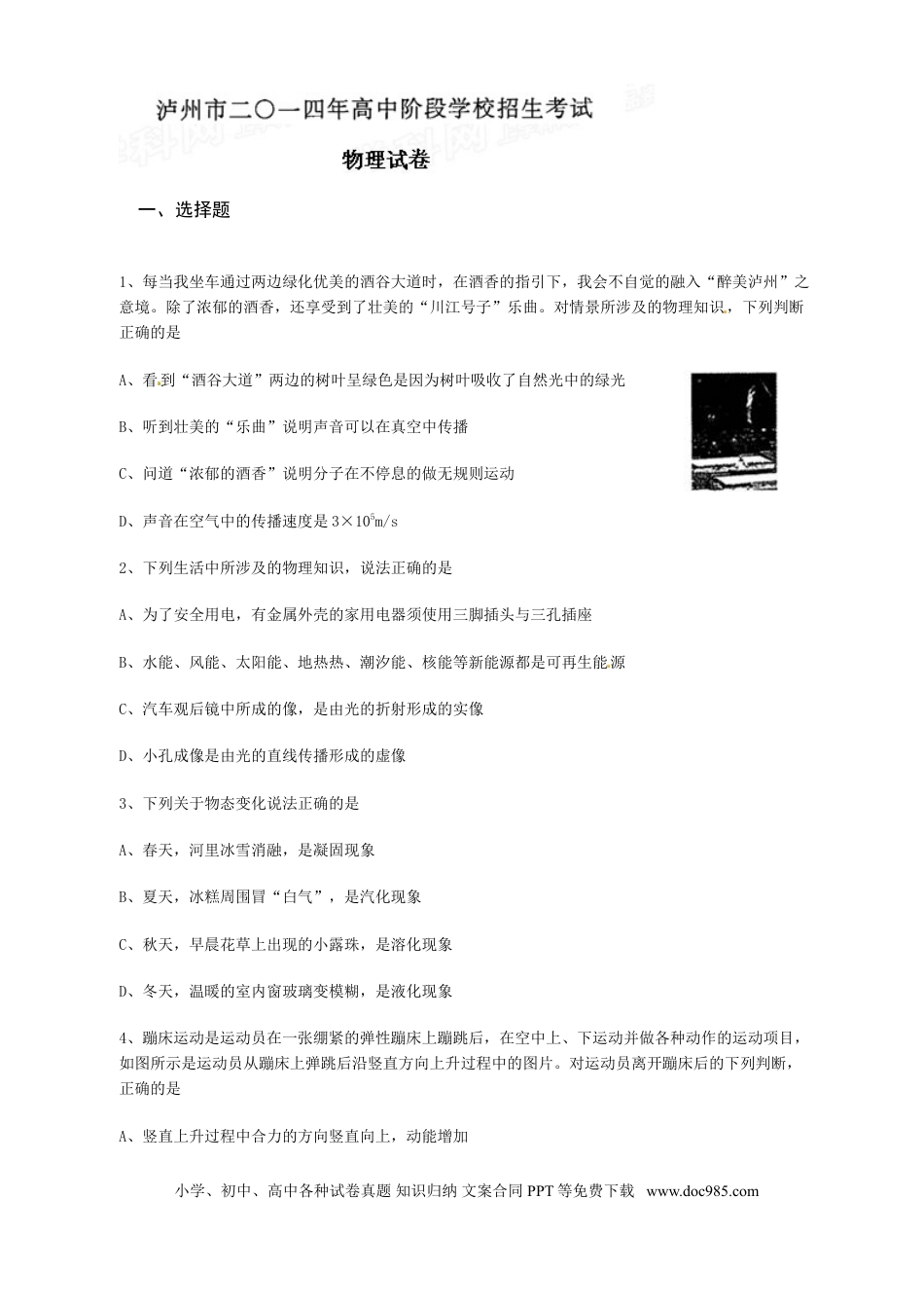 【中考历年真题】四川省泸州市2014年中考理综（物理部分）试题（word版，含答案）.doc