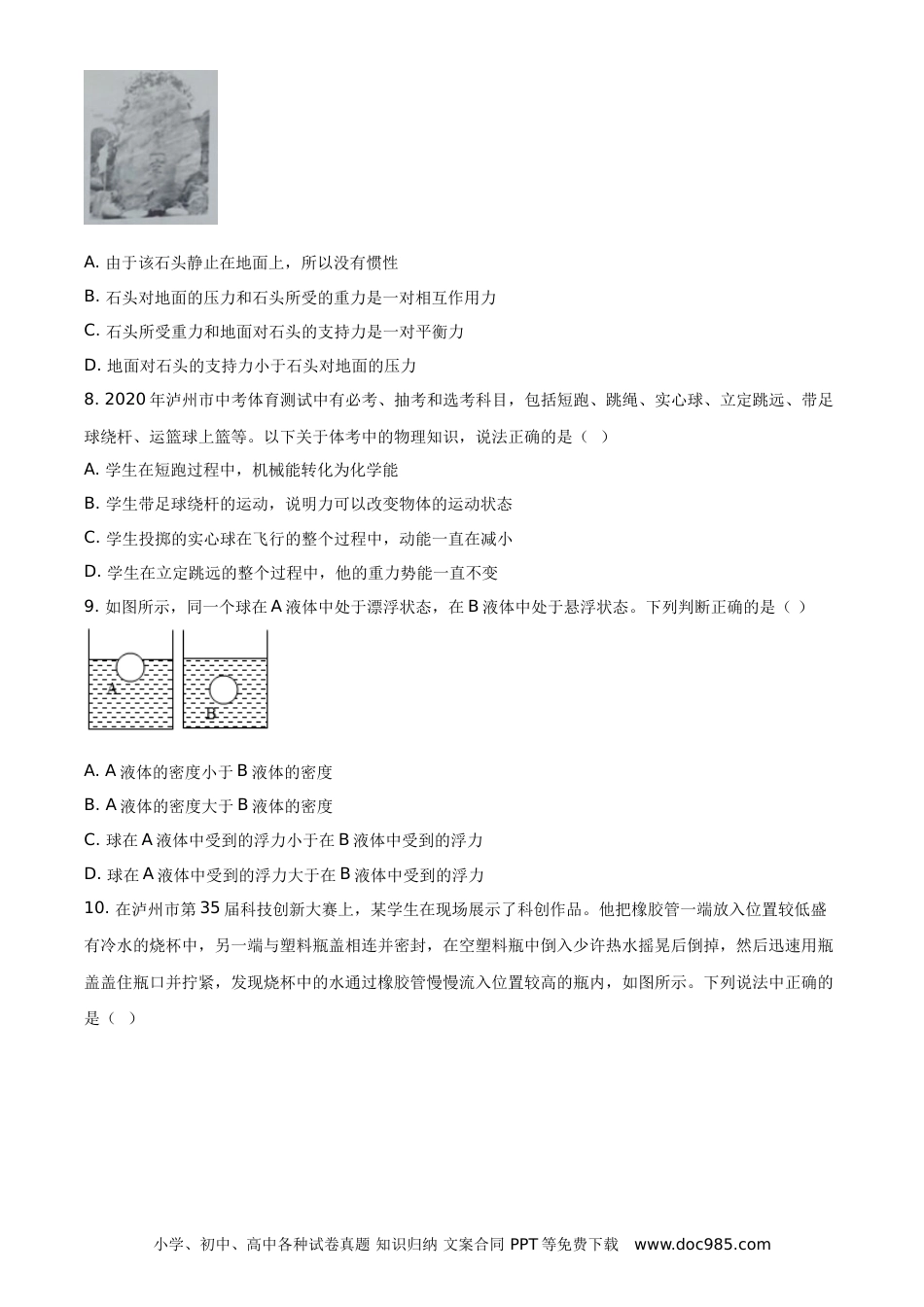 【中考历年真题】精品解析：2020年四川省泸州市中考物理试题（原卷版）.doc