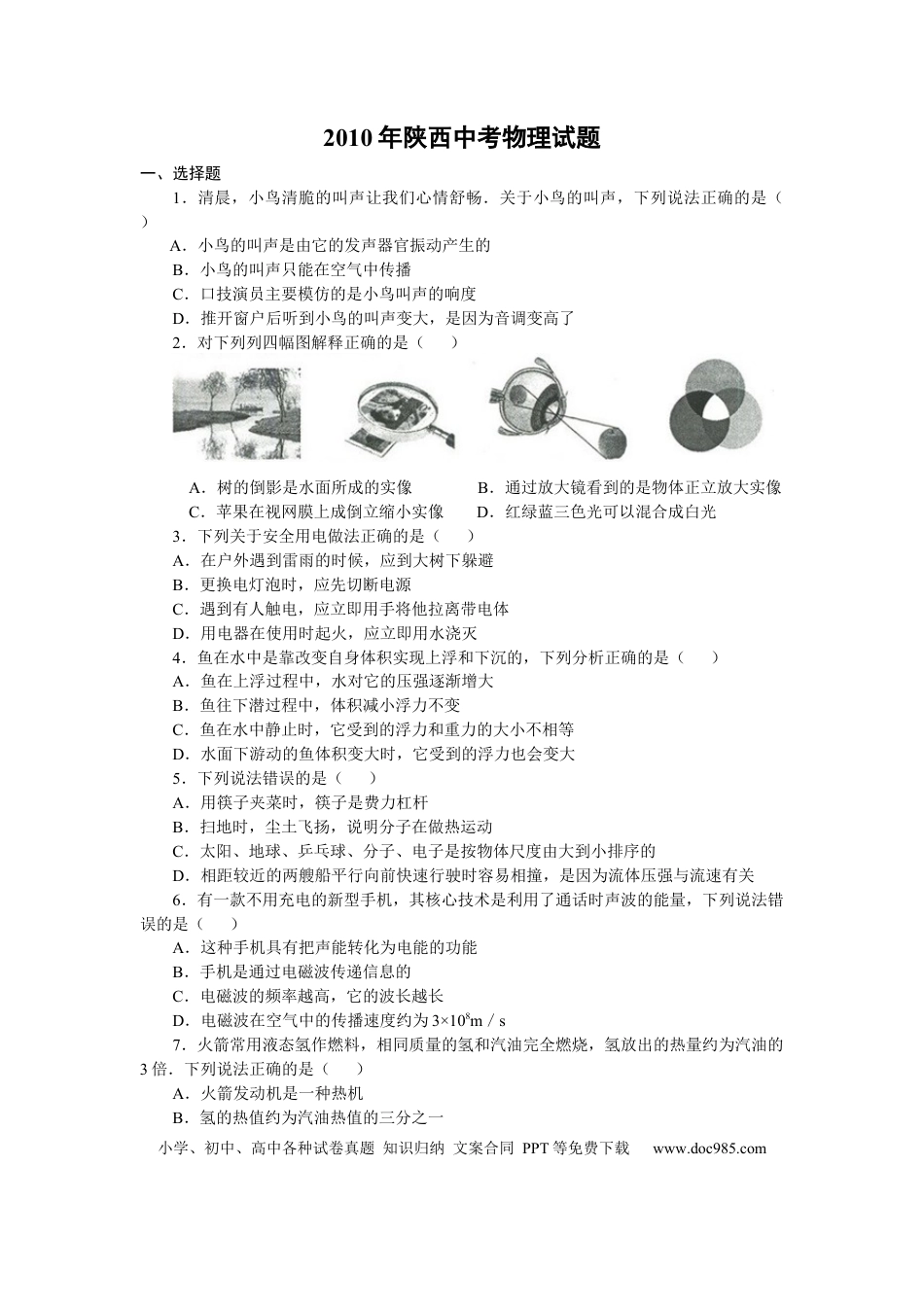 【中考历年真题】陕西省2010年中考物理试卷及答案.docx