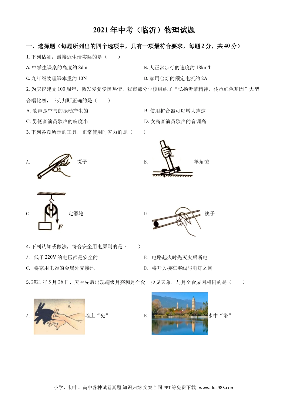 【中考历年真题】山东省临沂市2021年中考物理真题（原卷版）.doc