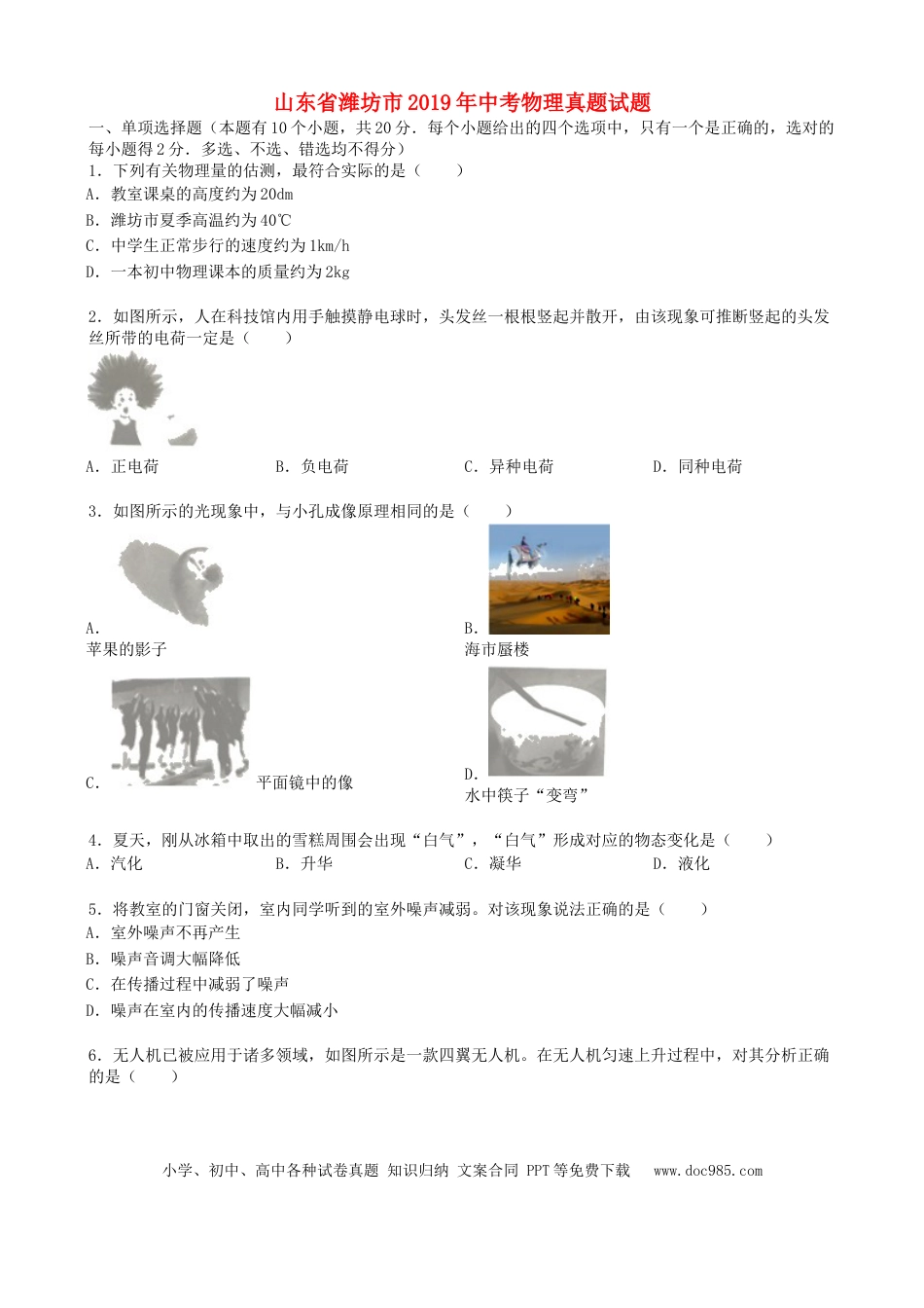 【中考历年真题】2019年山东潍坊市中考物理真word版含答案.docx