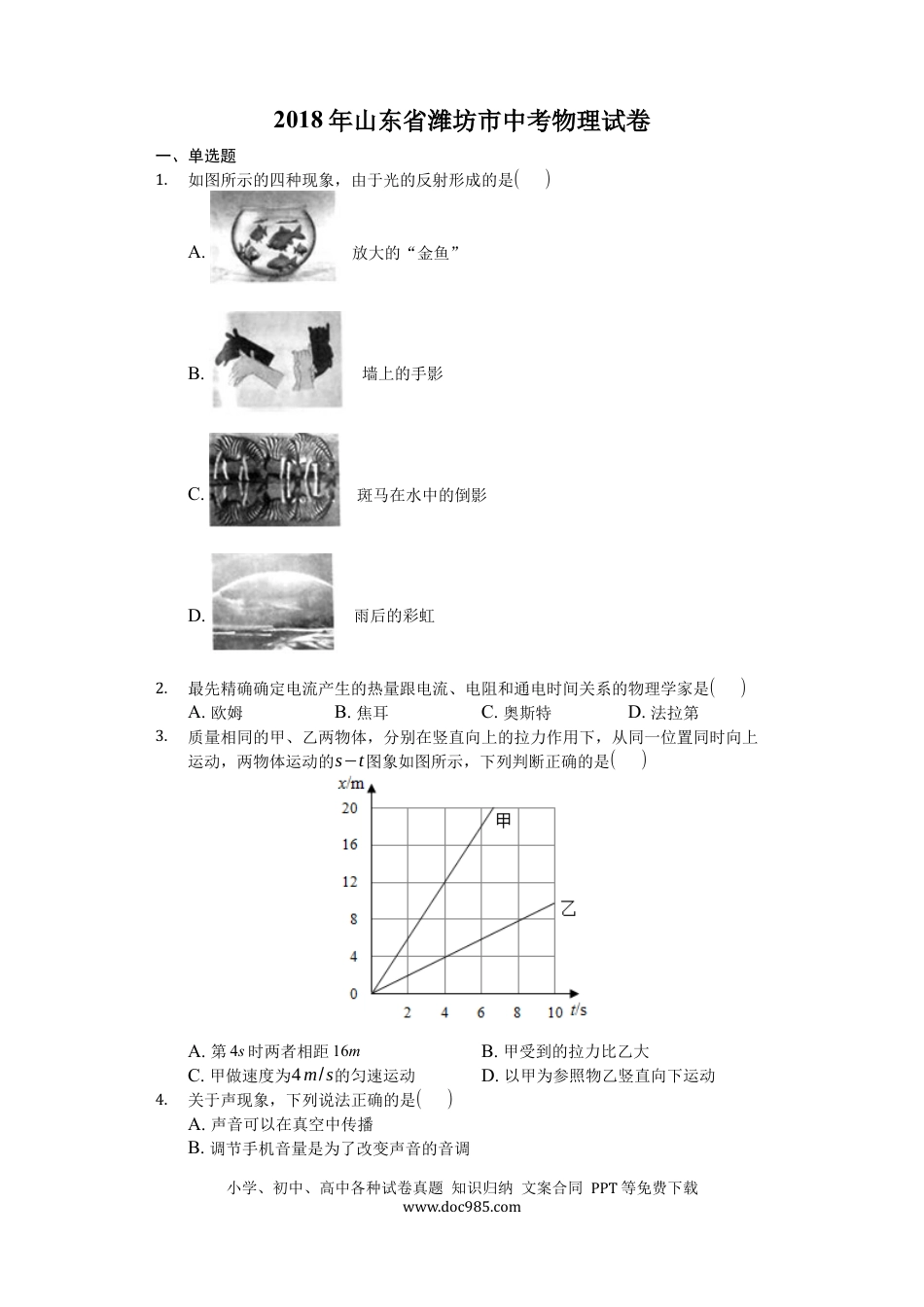 【中考历年真题】2018年山东潍坊市中考物理真word版含答案.docx