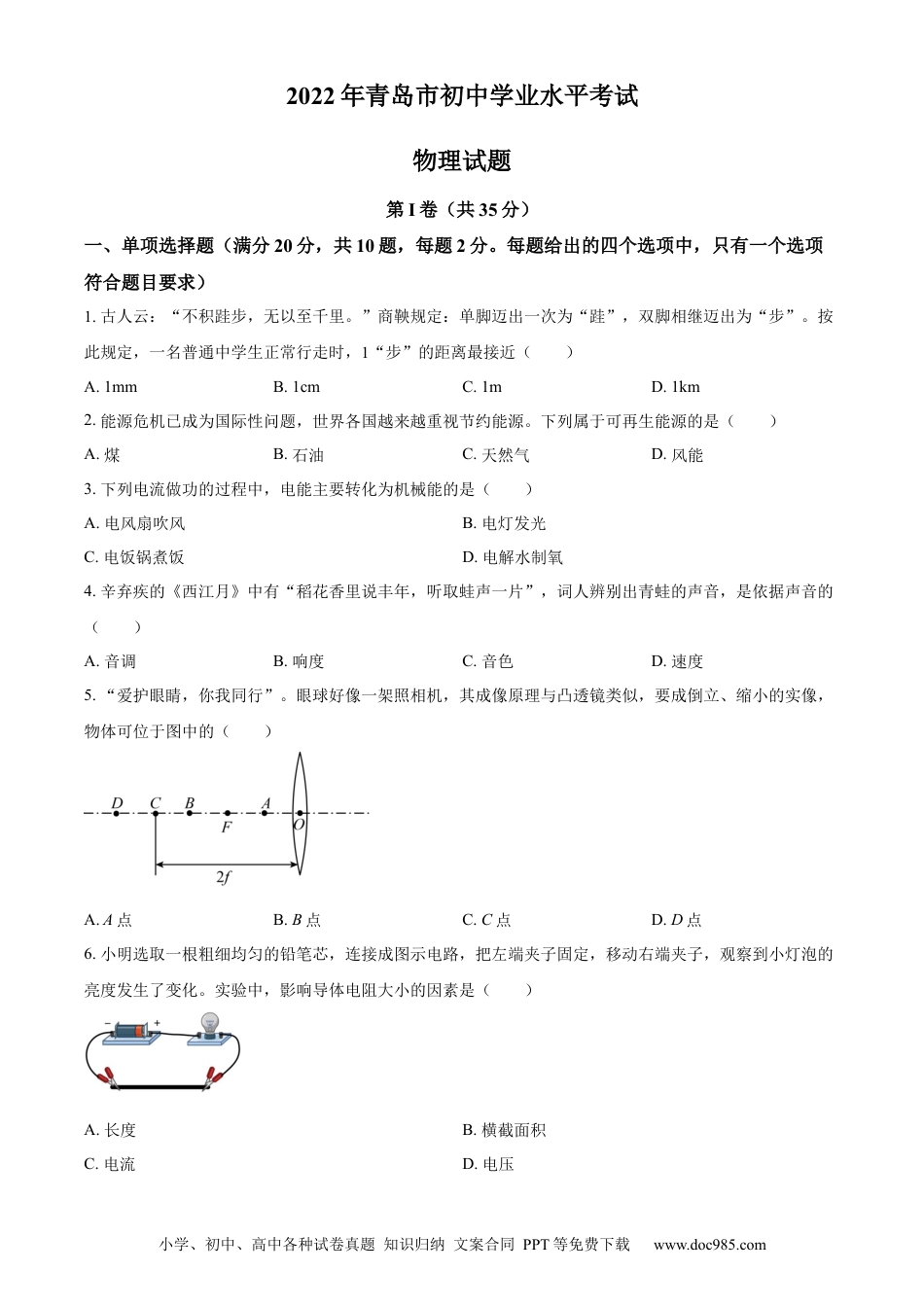 【中考历年真题】精品解析：2022年山东省青岛市中考物理试题（原卷版） (1).docx