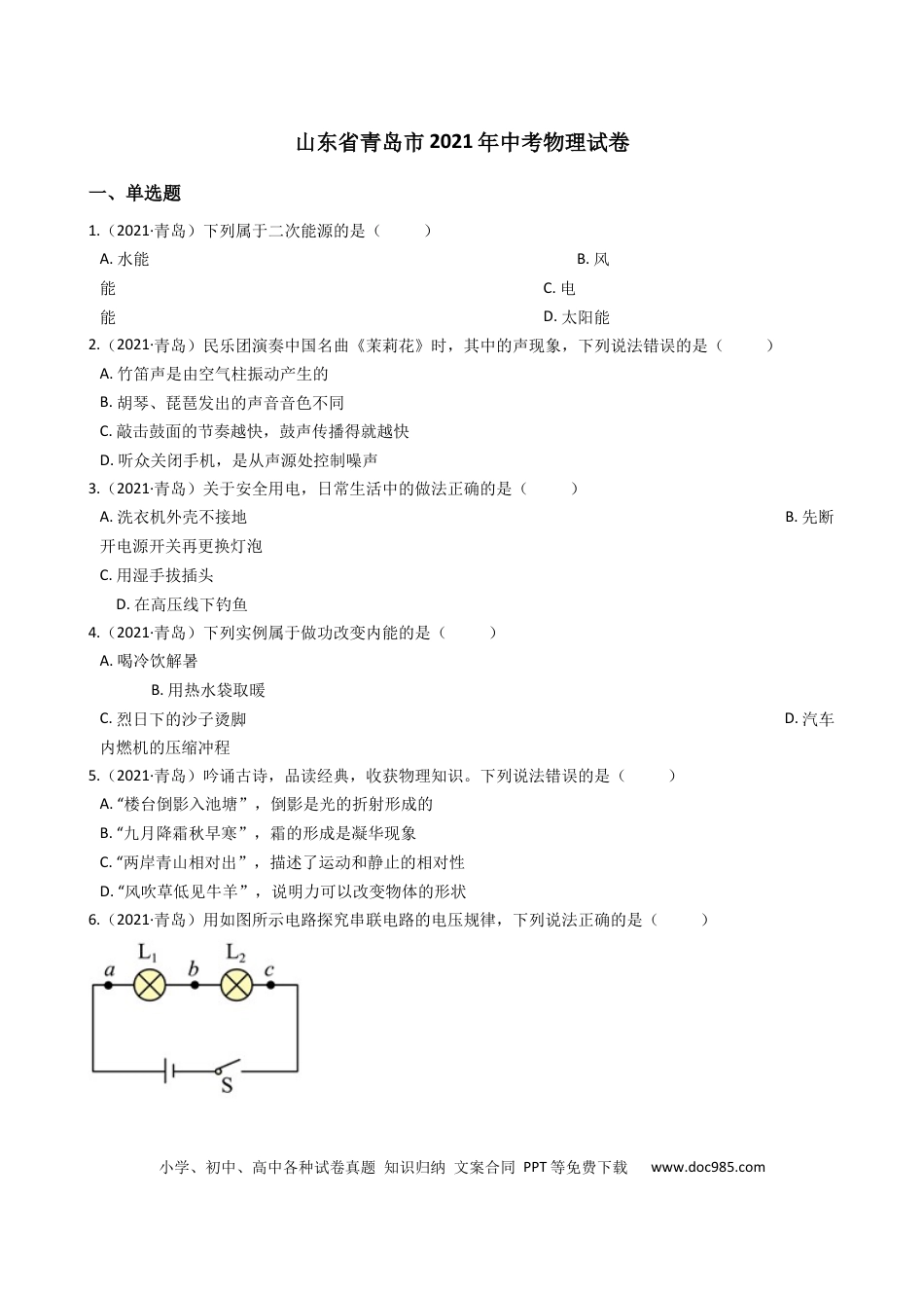 【中考历年真题】2021年青岛市中考物理试卷和答案.docx